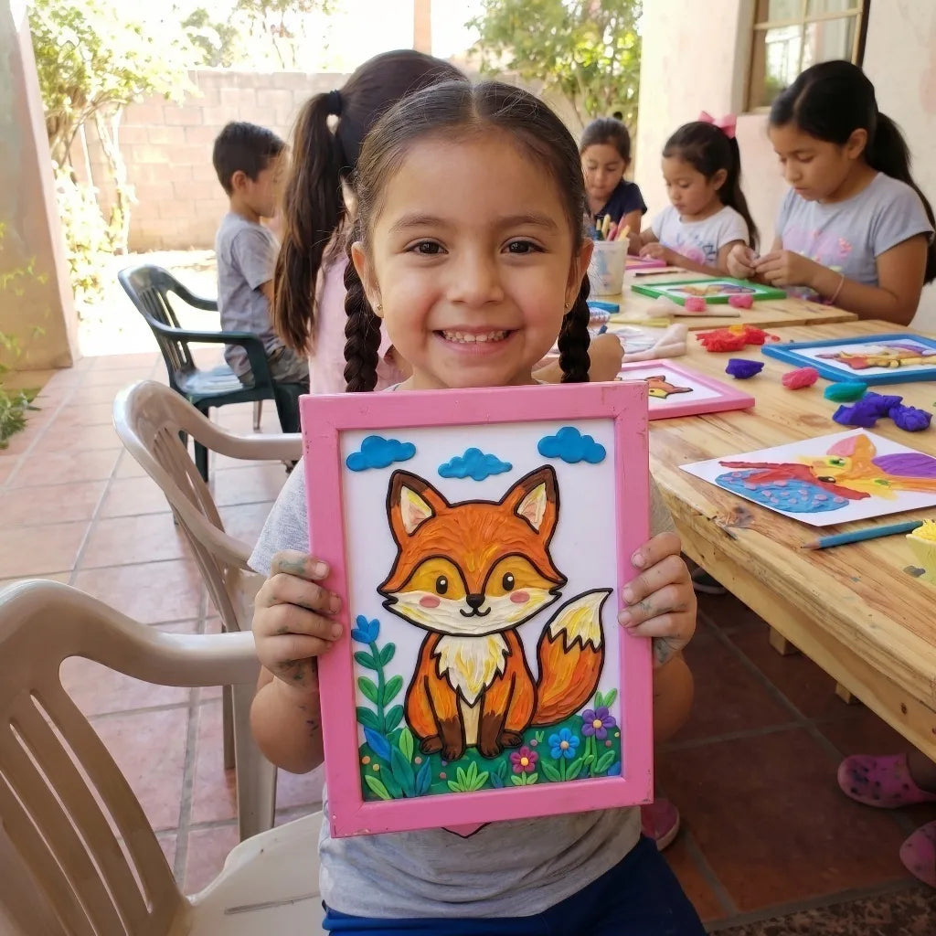 Child holding a colorful fox clay art during a mobile kids art class, a fun birthday party idea for children in Los Angeles at an outdoor art session.