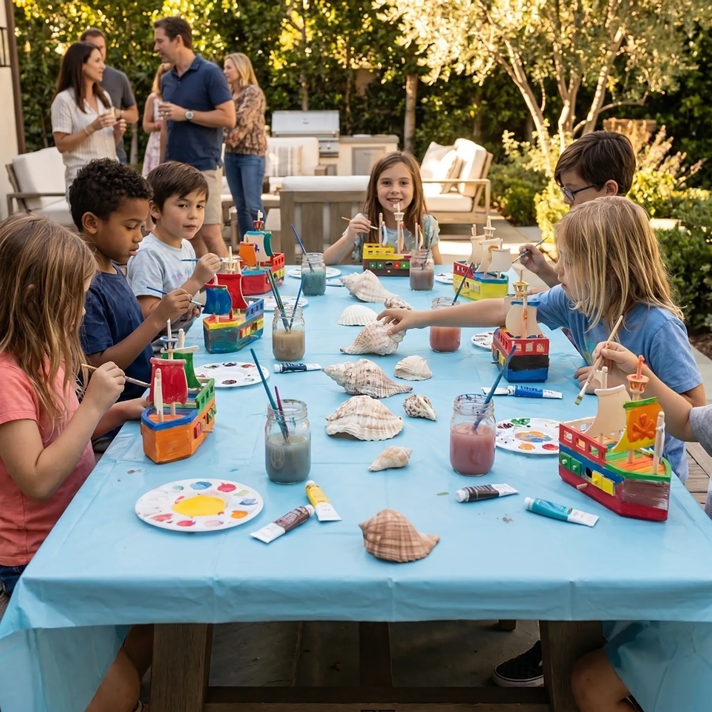 Children painting colorful wooden boats during an outdoor kids art workshop in Los Angeles. Creative DIY birthday party craft activity . kids party ideas LA