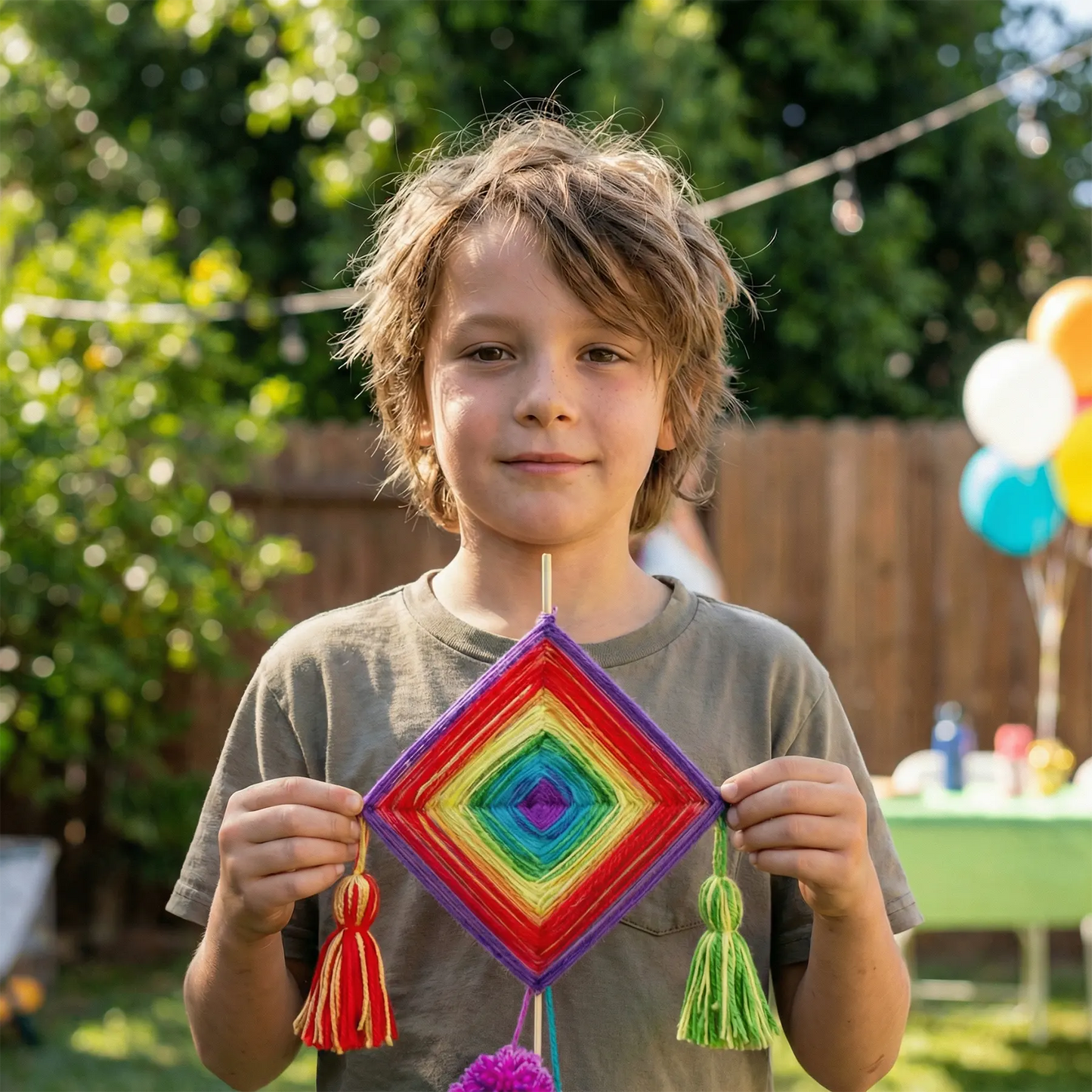 Boy holding a colorful yarn mandala at a kids weaving workshop birthday party in Los Angeles backyard.