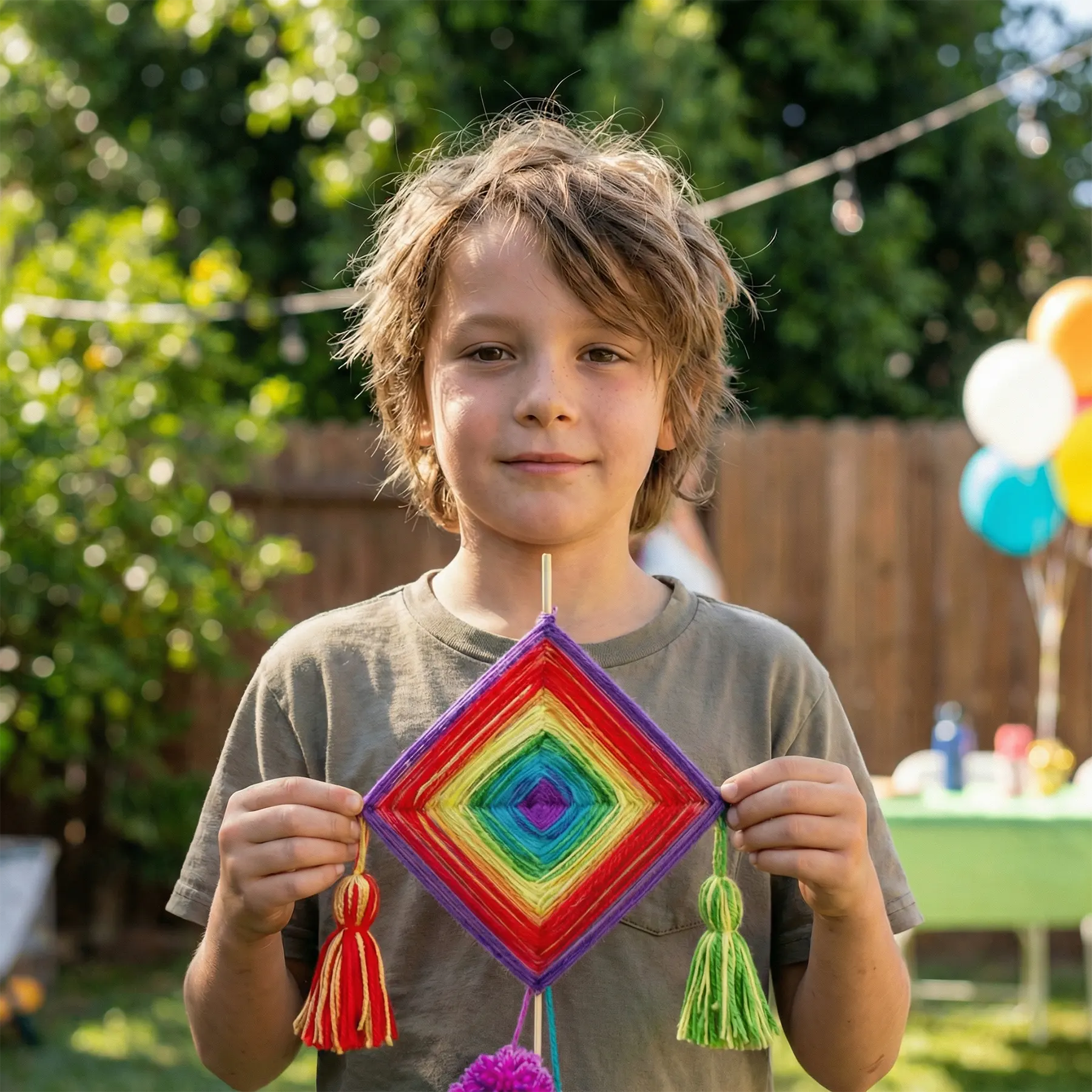 Boy holding a colorful yarn mandala at a kids weaving workshop birthday party in Los Angeles backyard.