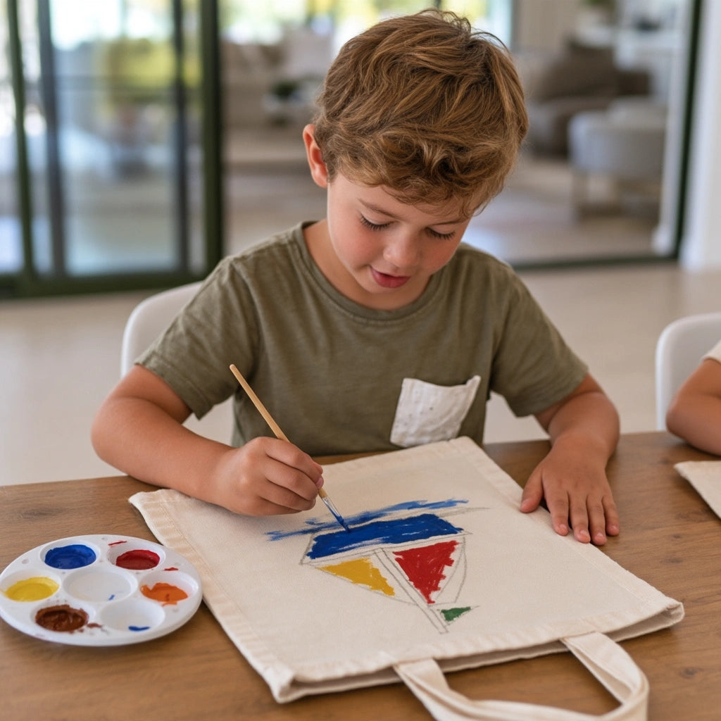 boy decorating personalized tote bags with colorful fabric paints.