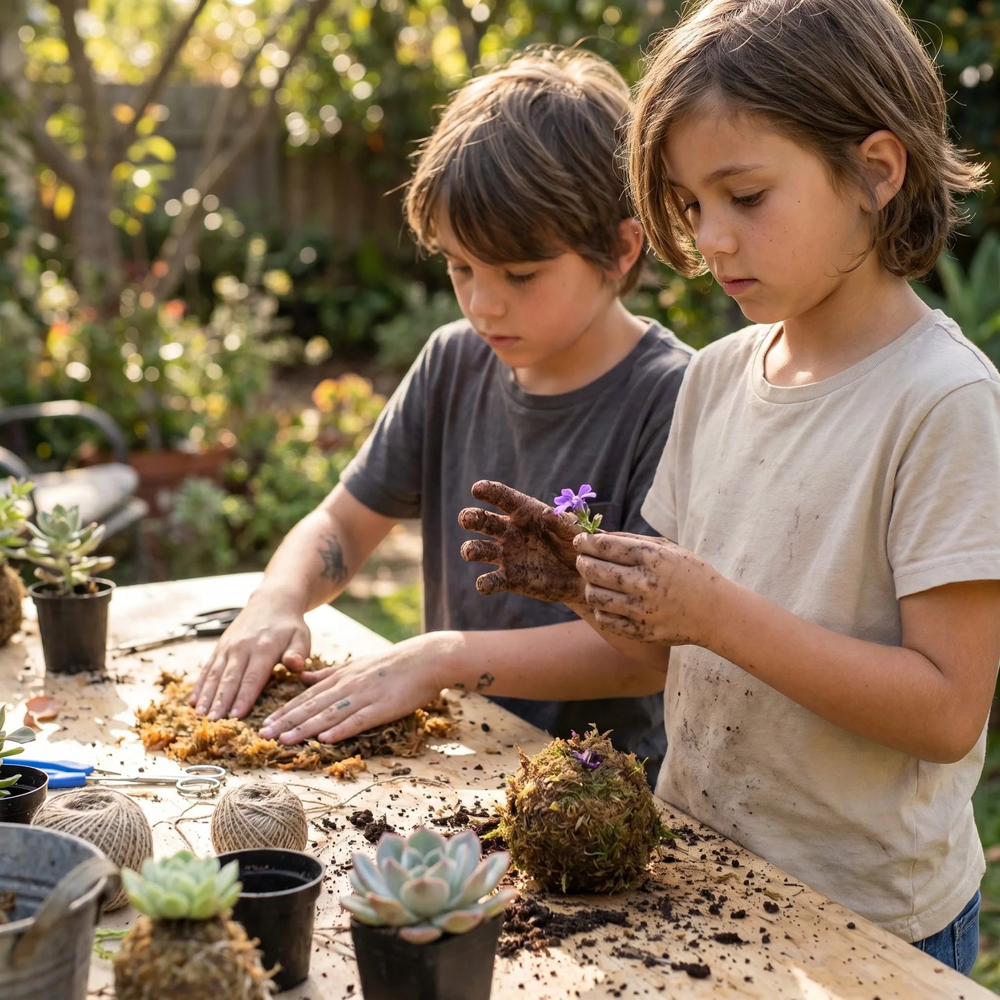Two boys collaborating on a gardening project during a mobile kids' workshop and creative art class.