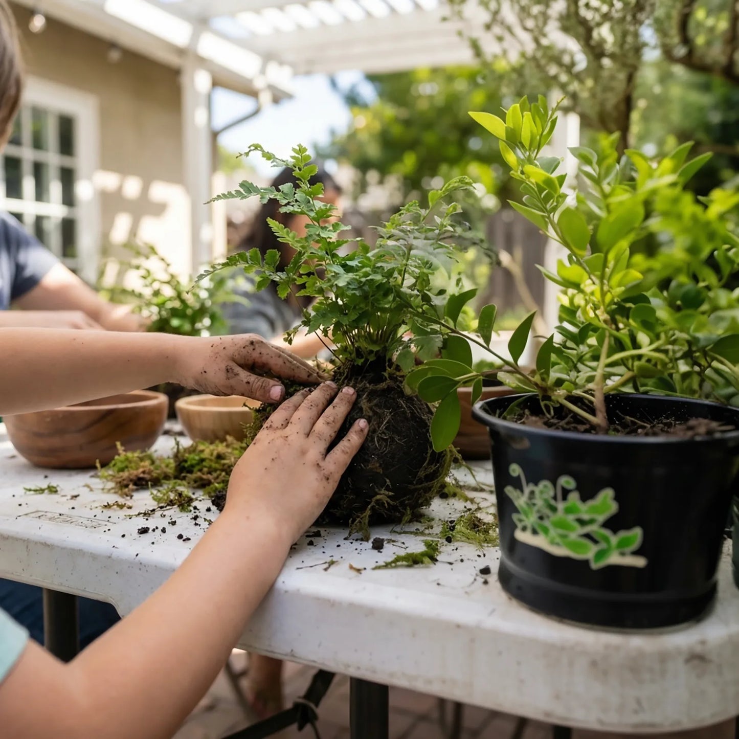 Students at an outdoor table participating in a mobile workshop and gardening class hosted by Kids Art LA.