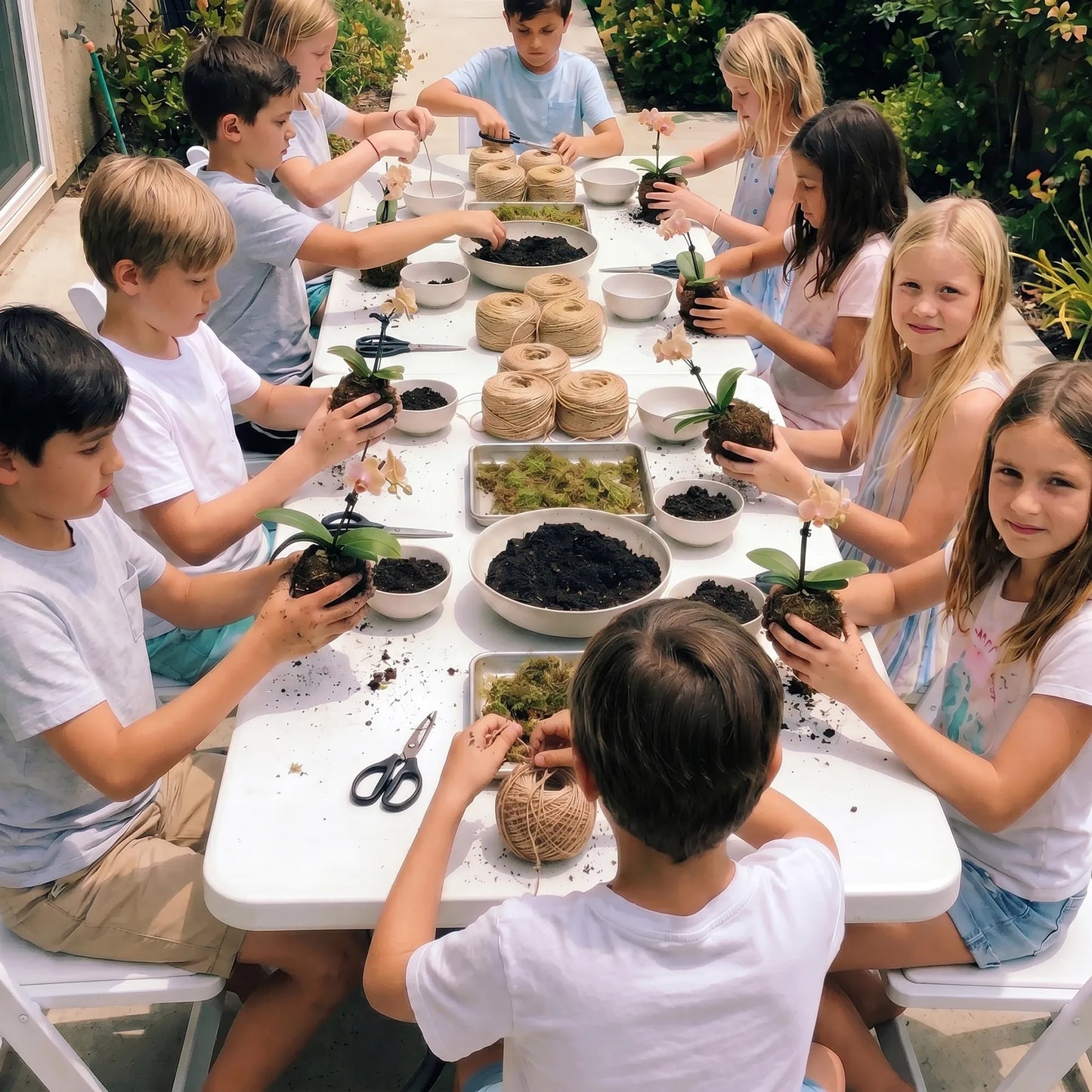 Children making nature art projects at a kokedama orchid gardening workshop in Los Angeles, hands-on plant craft activity for kids, creative outdoor birthday party and gardening class by KidsArtLA