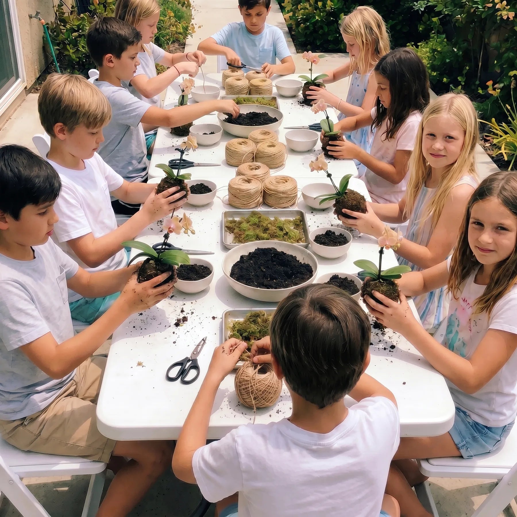 Children making nature art projects at a kokedama orchid gardening workshop in Los Angeles, hands-on plant craft activity for kids, creative outdoor birthday party and gardening class by KidsArtLA