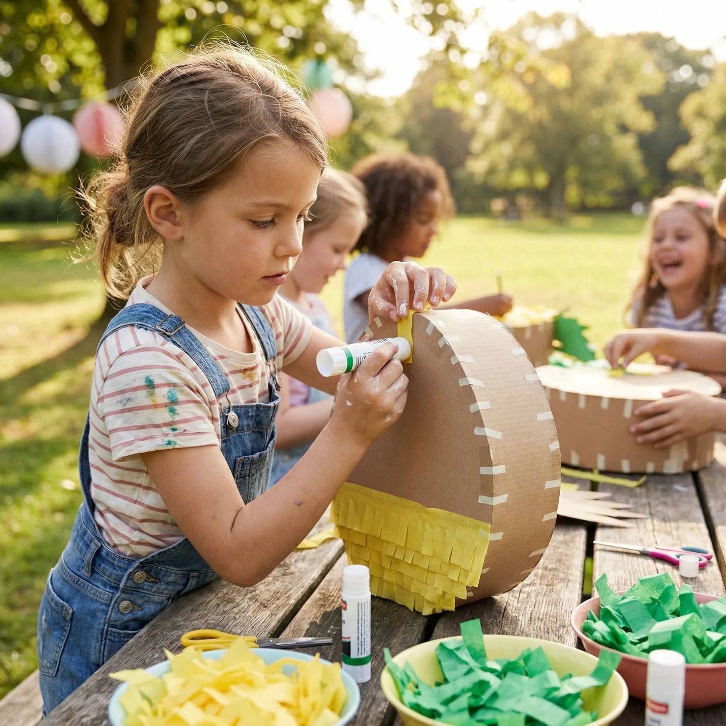 Girl making a handmade piñata craft at a sunny outdoor park birthday party in Los Angeles with nature in the background