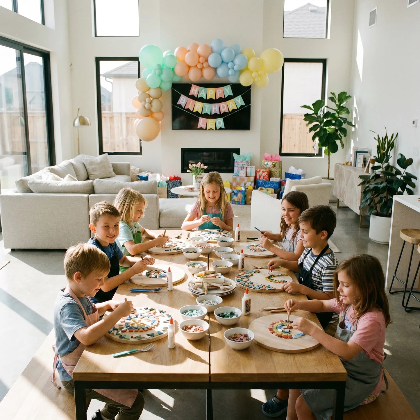 Children gathered around a table for a birthday party with balloons and decorations. kids creating colorful mosaic art during an indoor birthday party workshop