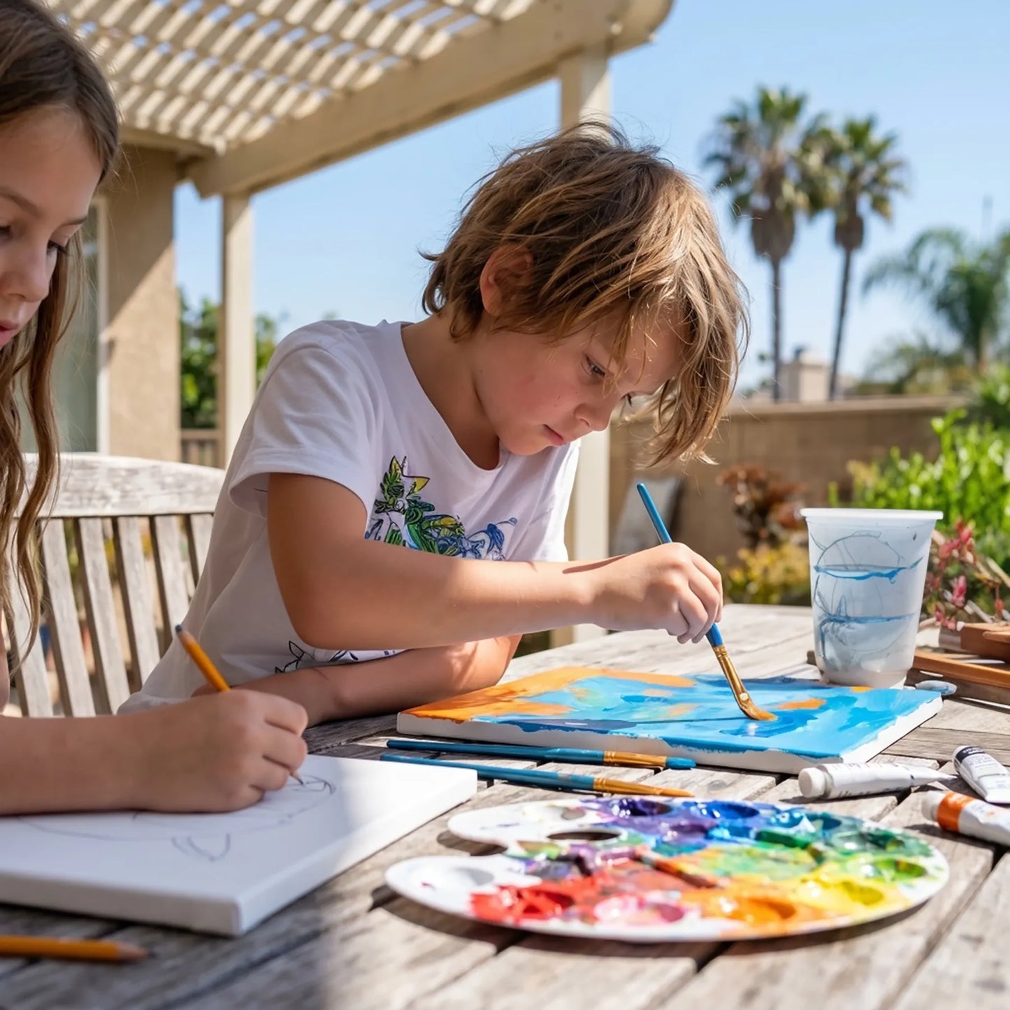 Kids painting with acrylic paints at an outdoor mobile art workshop in Los Angeles