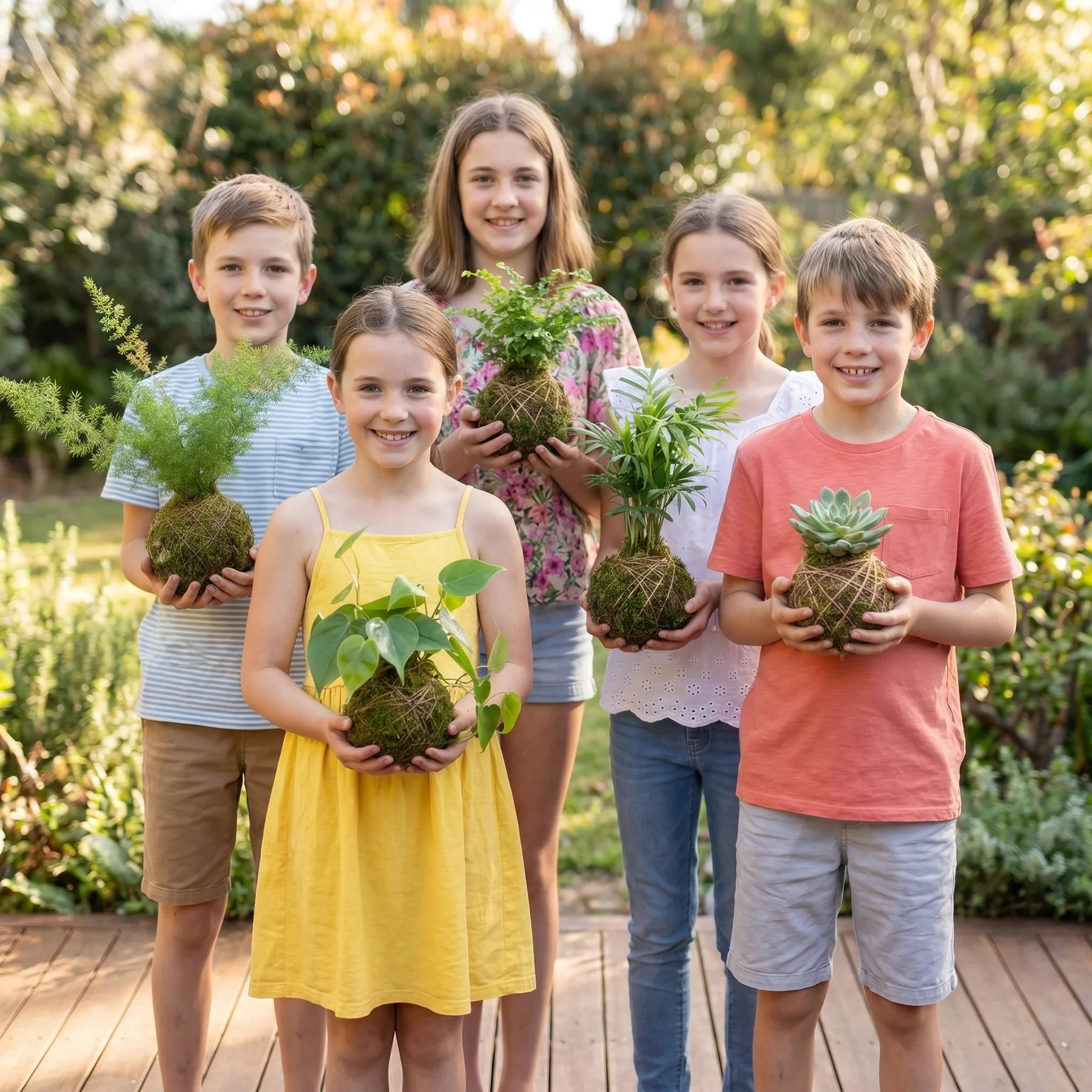 Kids creating kokedama plants at KidsArtLA outdoor gardening workshop in Los Angeles, hands-on plant activity for children, creative nature craft birthday party and kids gardening class