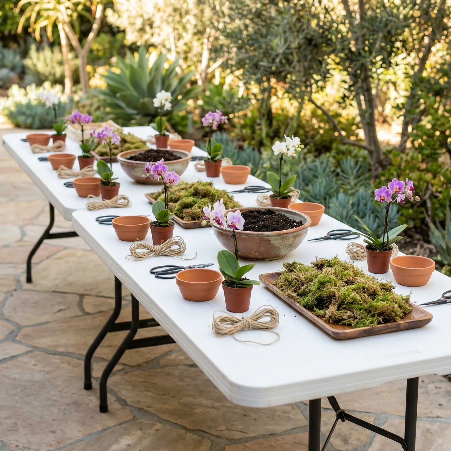 Outdoor kokedama and orchid planting workshop setup by KidsArtLA in Los Angeles, kids gardening activity table with moss, orchids, terracotta pots and plant craft supplies for creative nature workshops and birthday parties