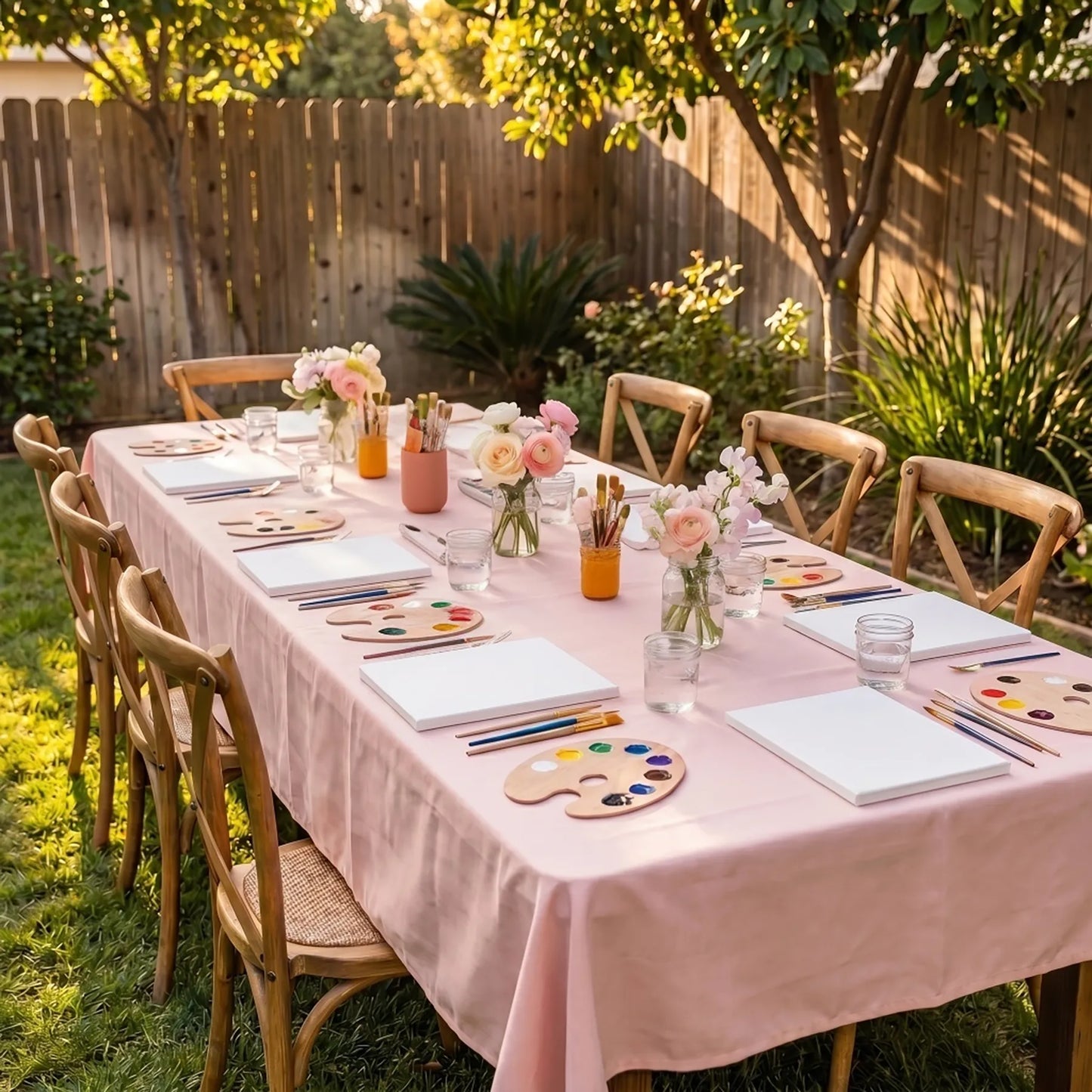 Outdoor kids art party table setup in Los Angeles with painting supplies and flowers in a garden 