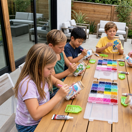 Children decorating bedazzled glass jars with colorful rhinestones at a mobile art workshop in Los Angeles.