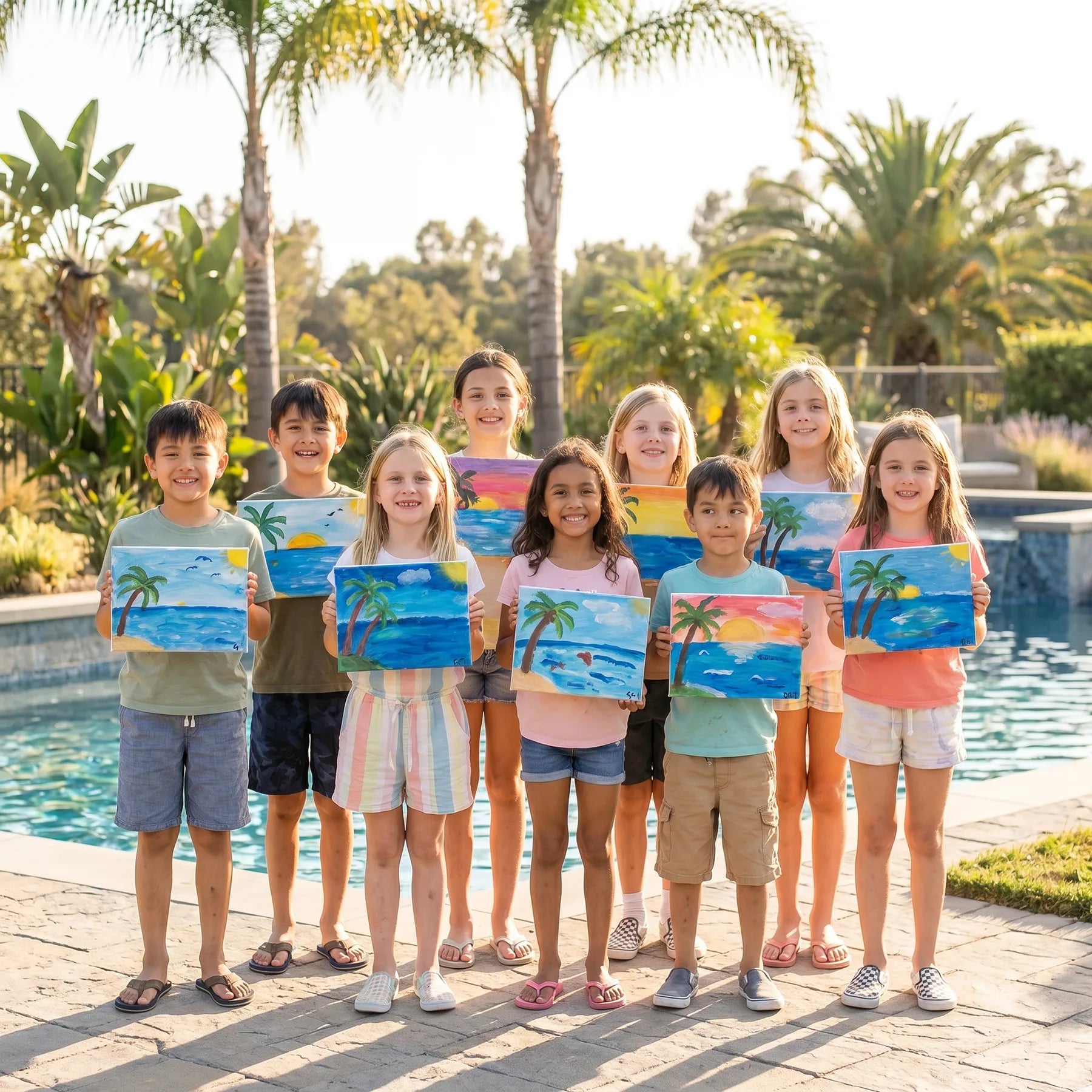 Children holding beach paintings at an outdoor kids art birthday party in Los Angeles