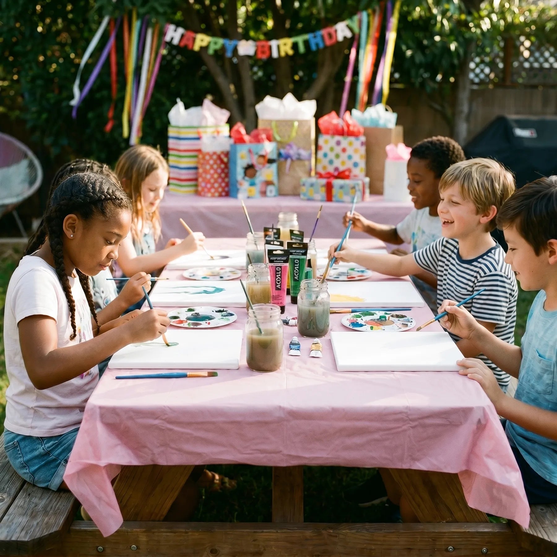 Children at a outdoor Los Angeles  birthday party painting at a table with art supplies and a 'Happy Birthday' banner.