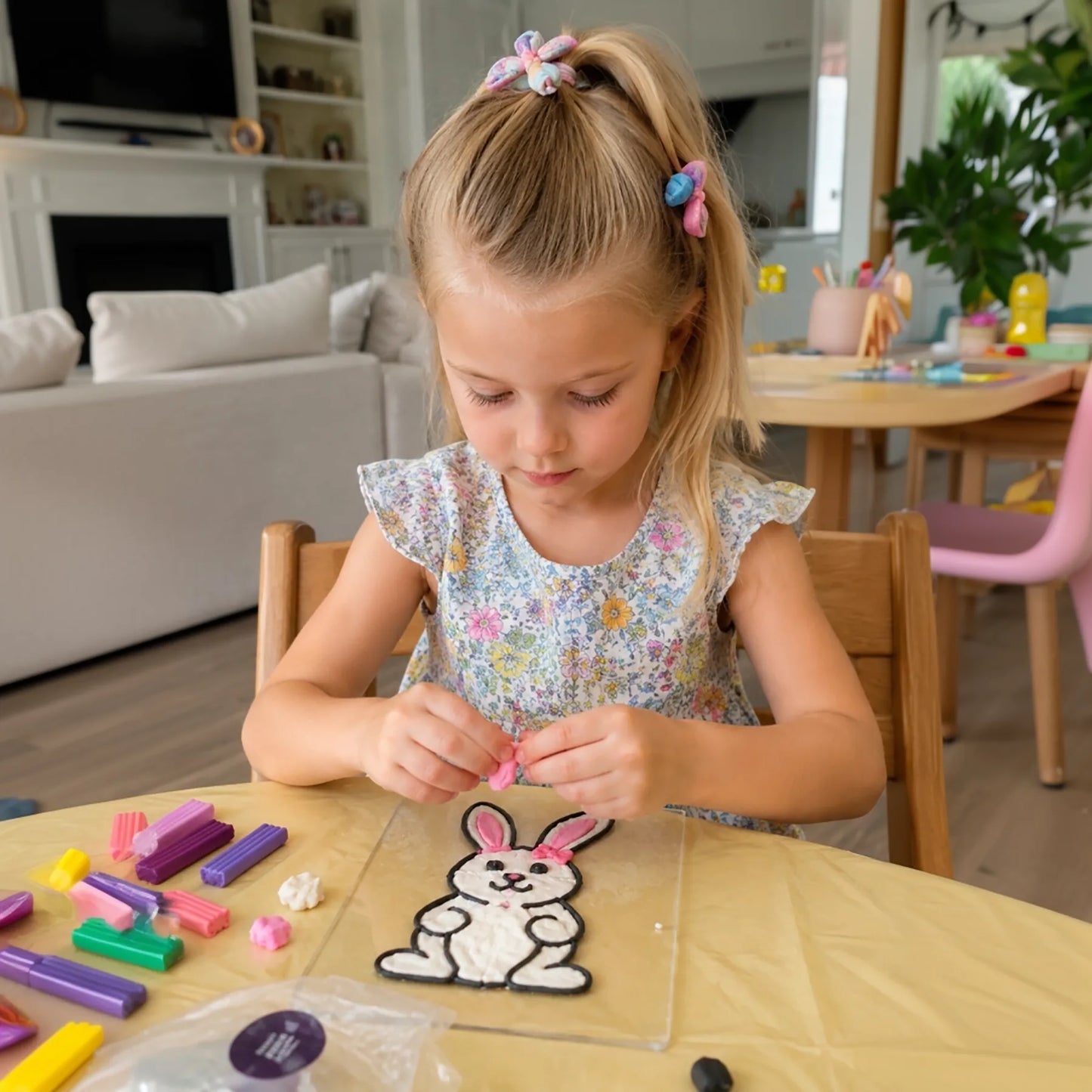 Girl creating bunny clay art during a mobile kids art class, a fun birthday party idea for children in Los Angeles