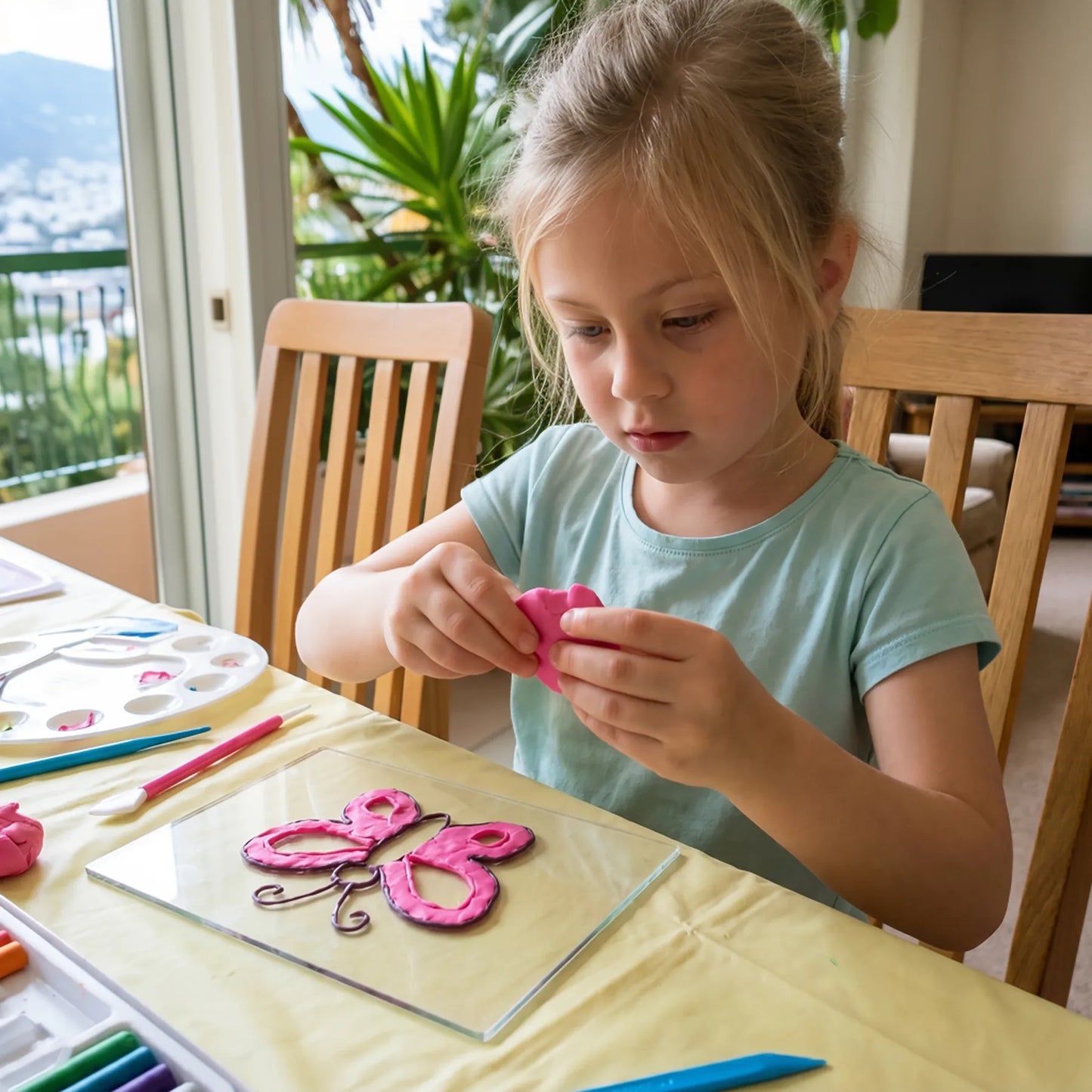 Girl creating butterfly clay art during a mobile kids art class, a creative birthday party activity for children in Los Angeles at a table with art supplies