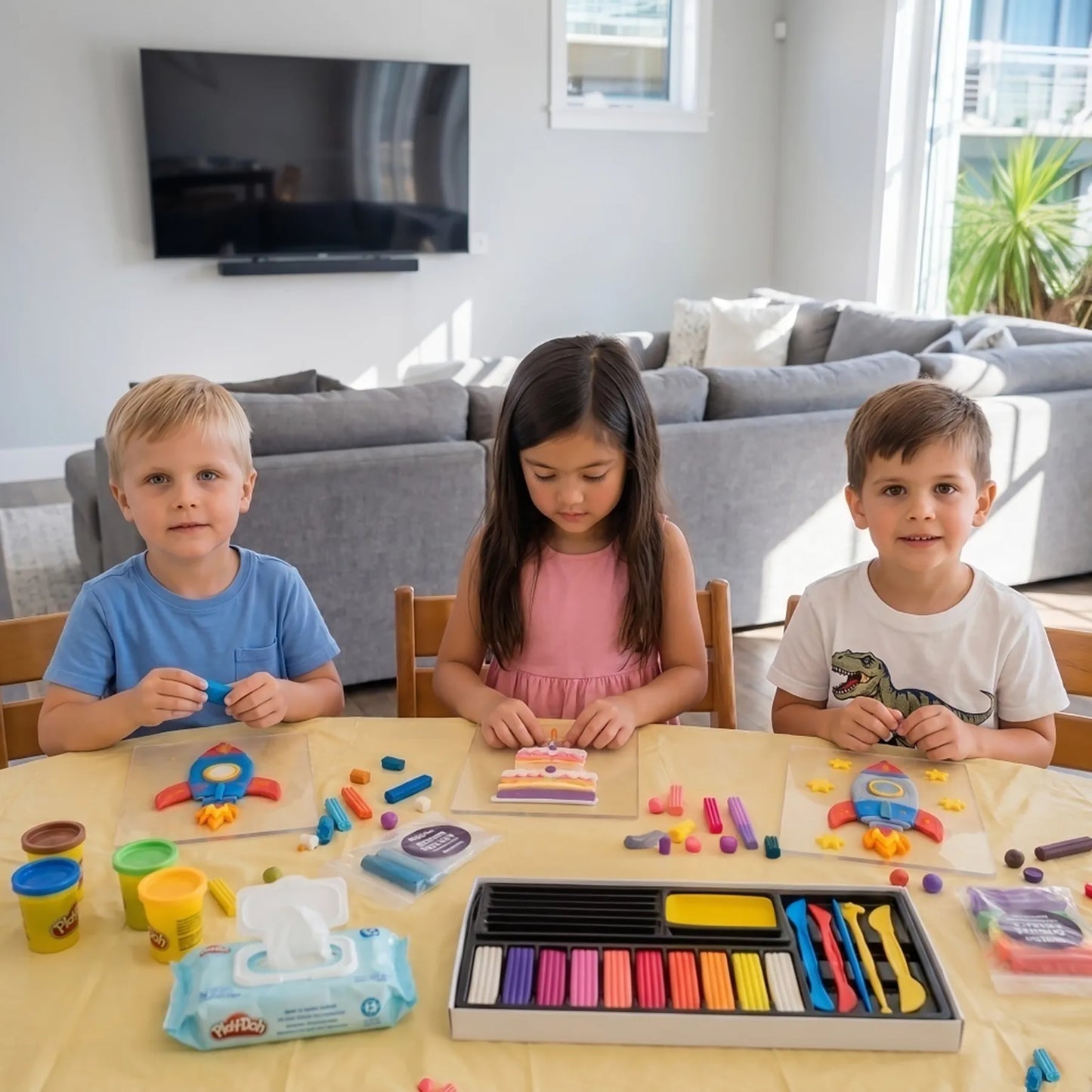 Kids creating colorful clay art at a mobile birthday party workshop for children in Los Angeles.