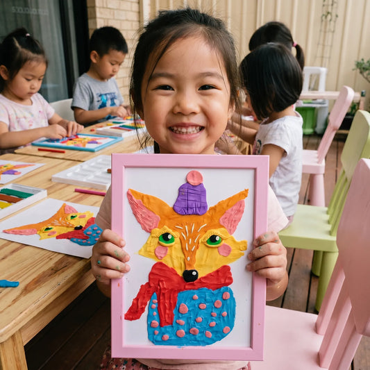 Girl holding a colorful fox clay art project in an art class setting during a mobile kids workshop in Los Angeles.