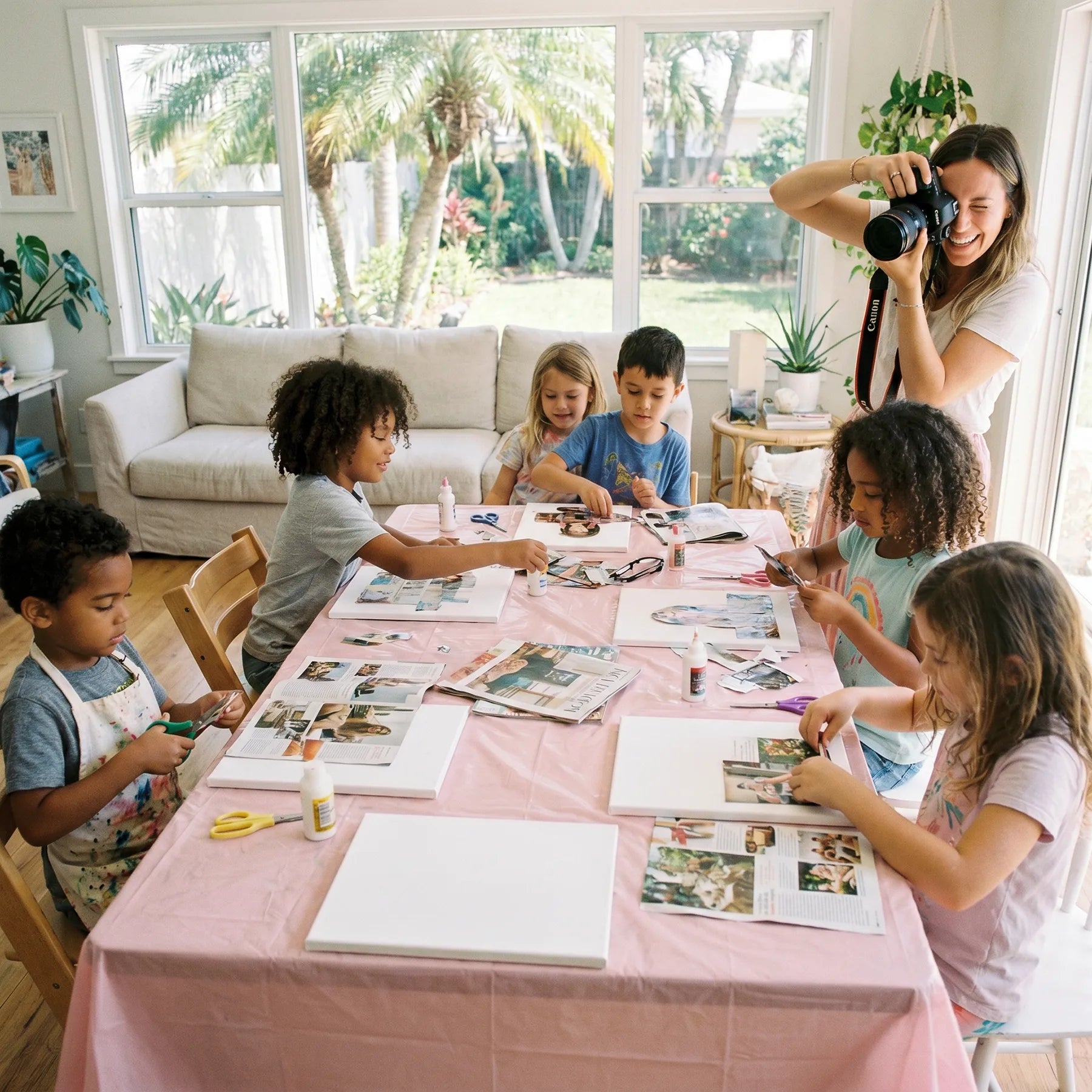 Children selecting colorful papers and cutouts during a mobile collage art party in Los Angeles