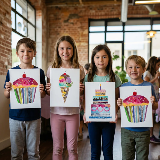 Kids showing colorful dessert-themed collage artwork during a creative art workshop in Los Angeles with fun hands-on birthday party activities.