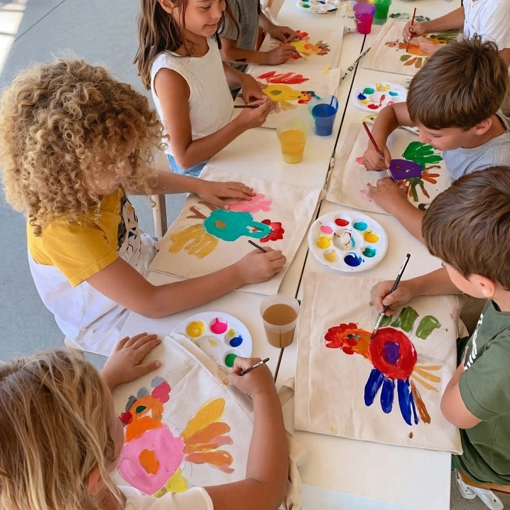 Kids painting custom canvas tote bags at a mobile birthday party art workshop in Los Angeles.