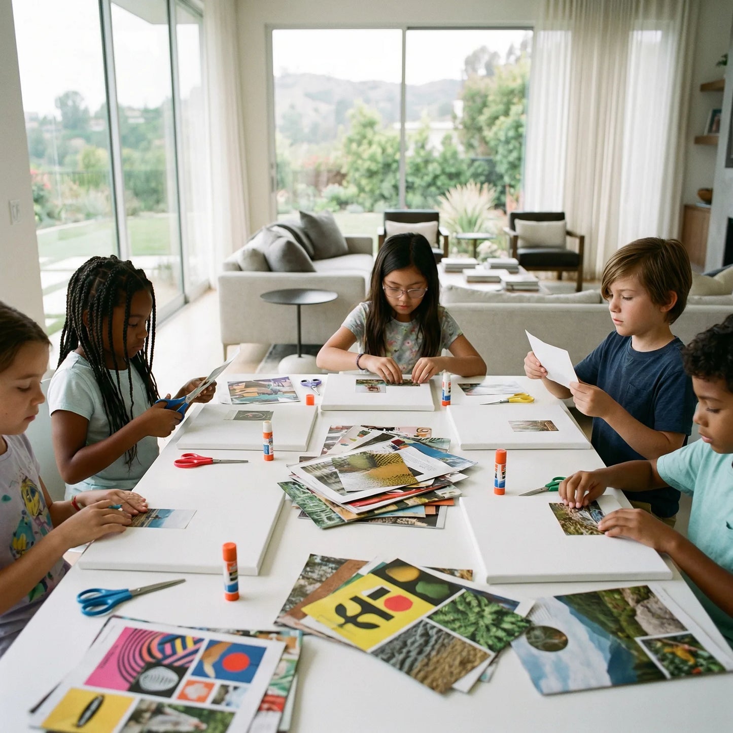 Children sitting around a table with art supplies and collages in a modern living room. creating custom paper artwork during an indoor art workshop