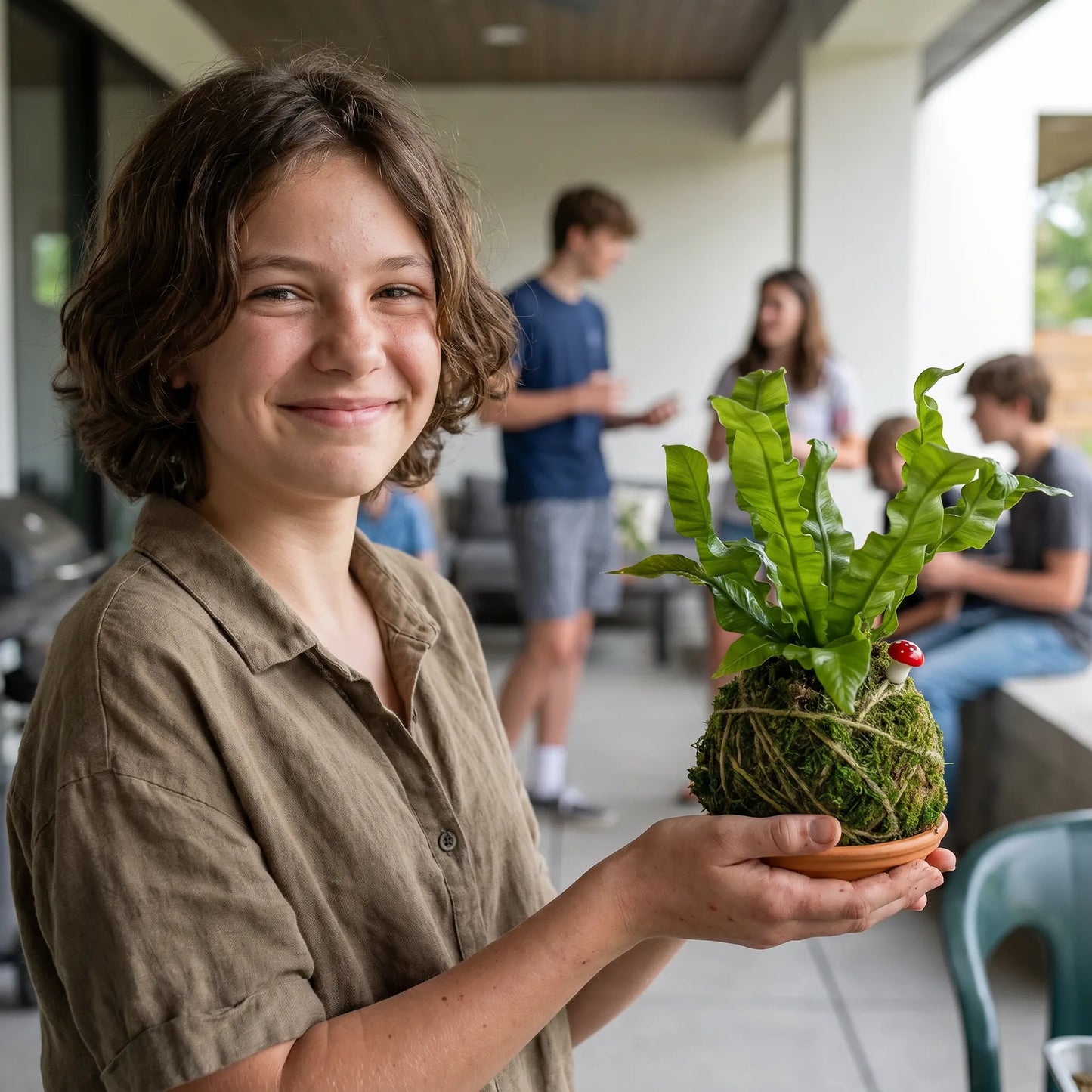 Child holding a handmade kokedama plant during a kids gardening and plant workshop in Los Angeles. Creative nature-inspired craft activity for children and birthday parties.