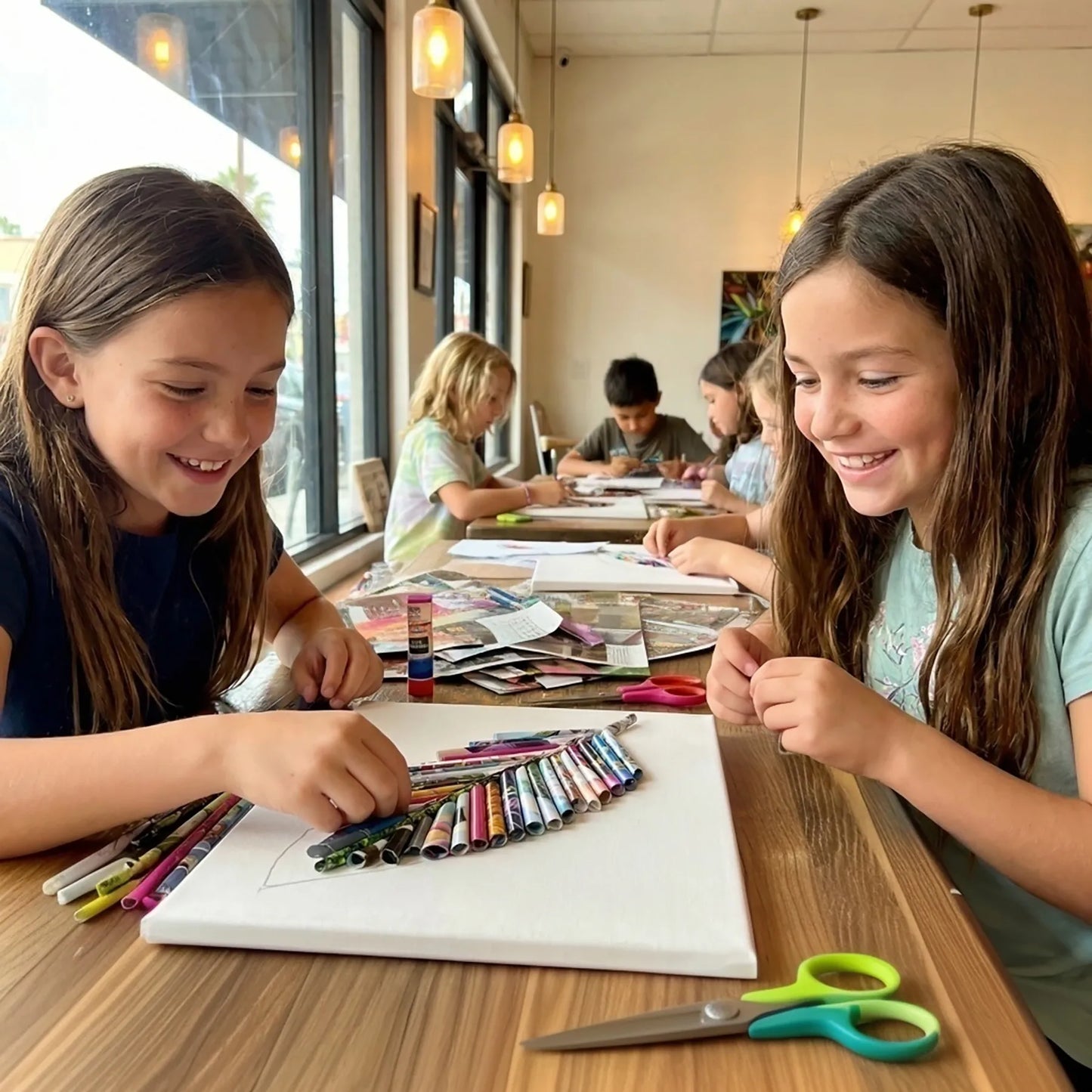 Kids creating colorful magazine collage artwork during a fun hands-on art workshop in Los Angeles with creative birthday party activities.