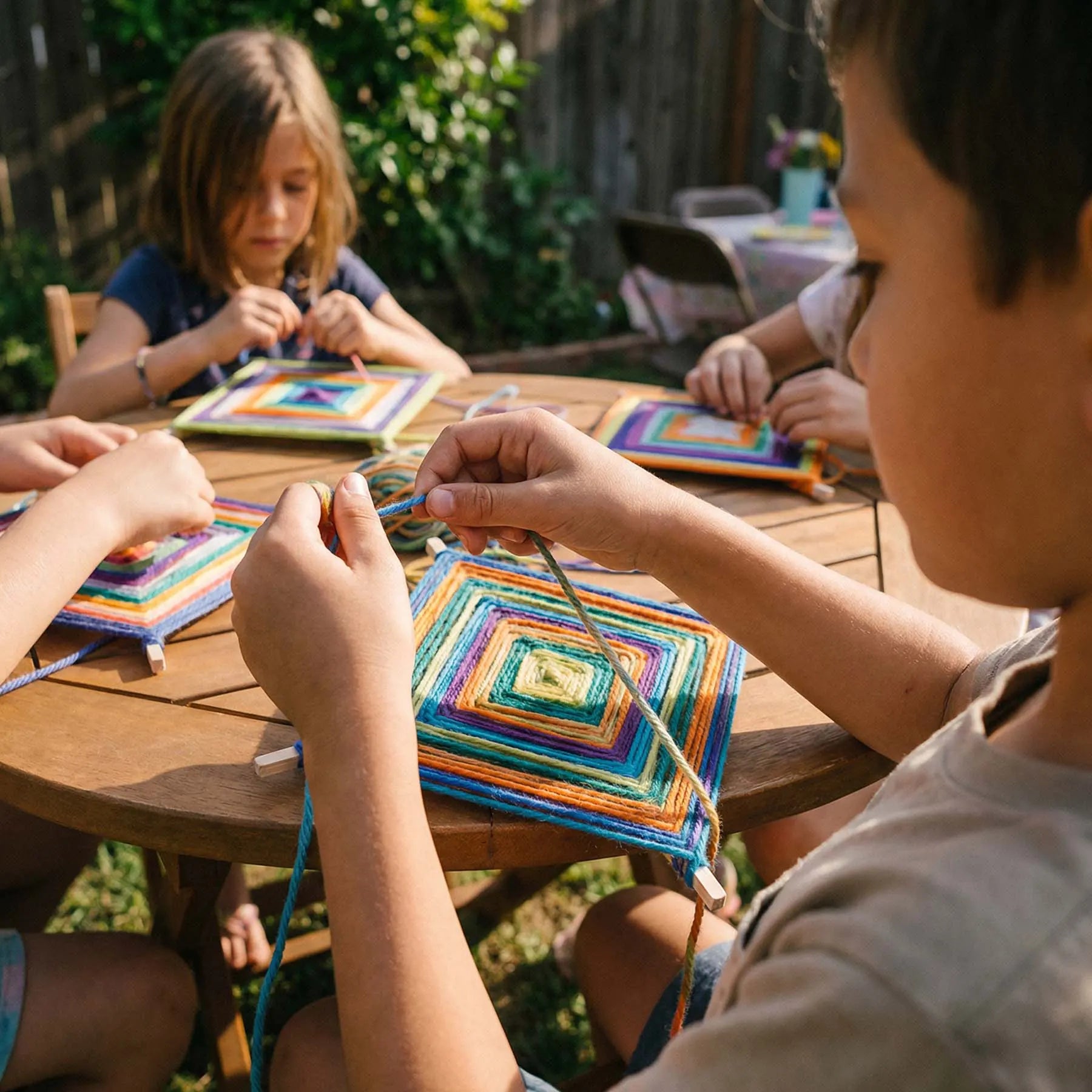 Children weaving handmade yarn mandalas at a mobile kids craft workshop in Los Angeles
