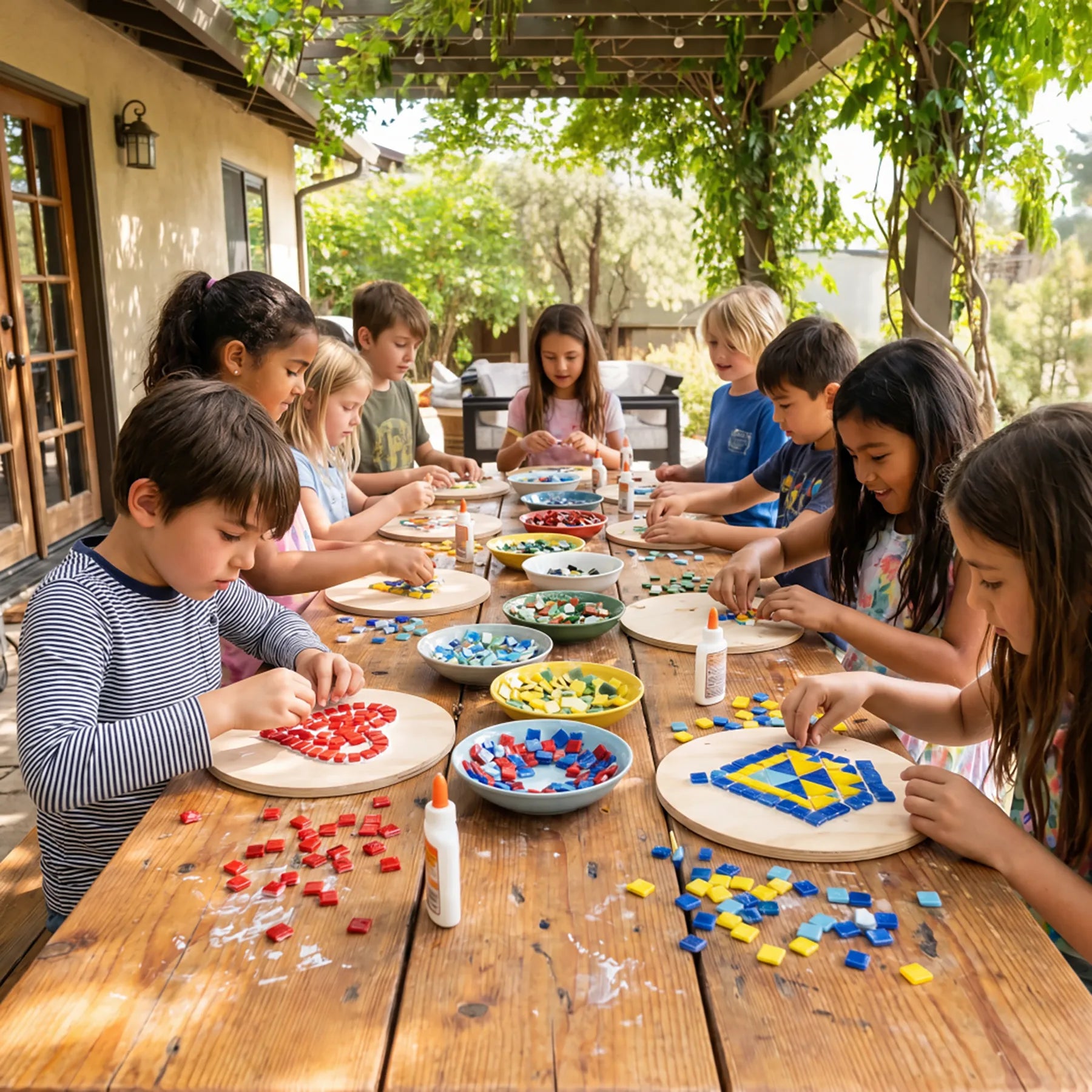 Children engaging in a mosaic-making activity outdoors on birthday workshop in Los Angeles 