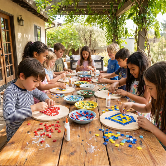 Children engaging in a mosaic-making activity outdoors on birthday workshop in Los Angeles 