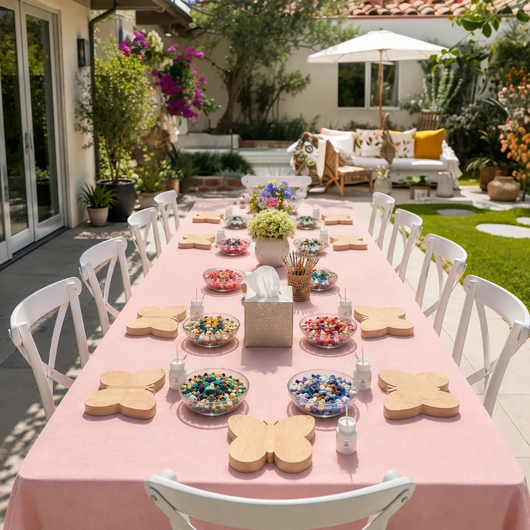 Beautiful outdoor butterfly mosaic craft party table setup for kids in Los Angeles with colorful art materials and creative birthday workshop activities.