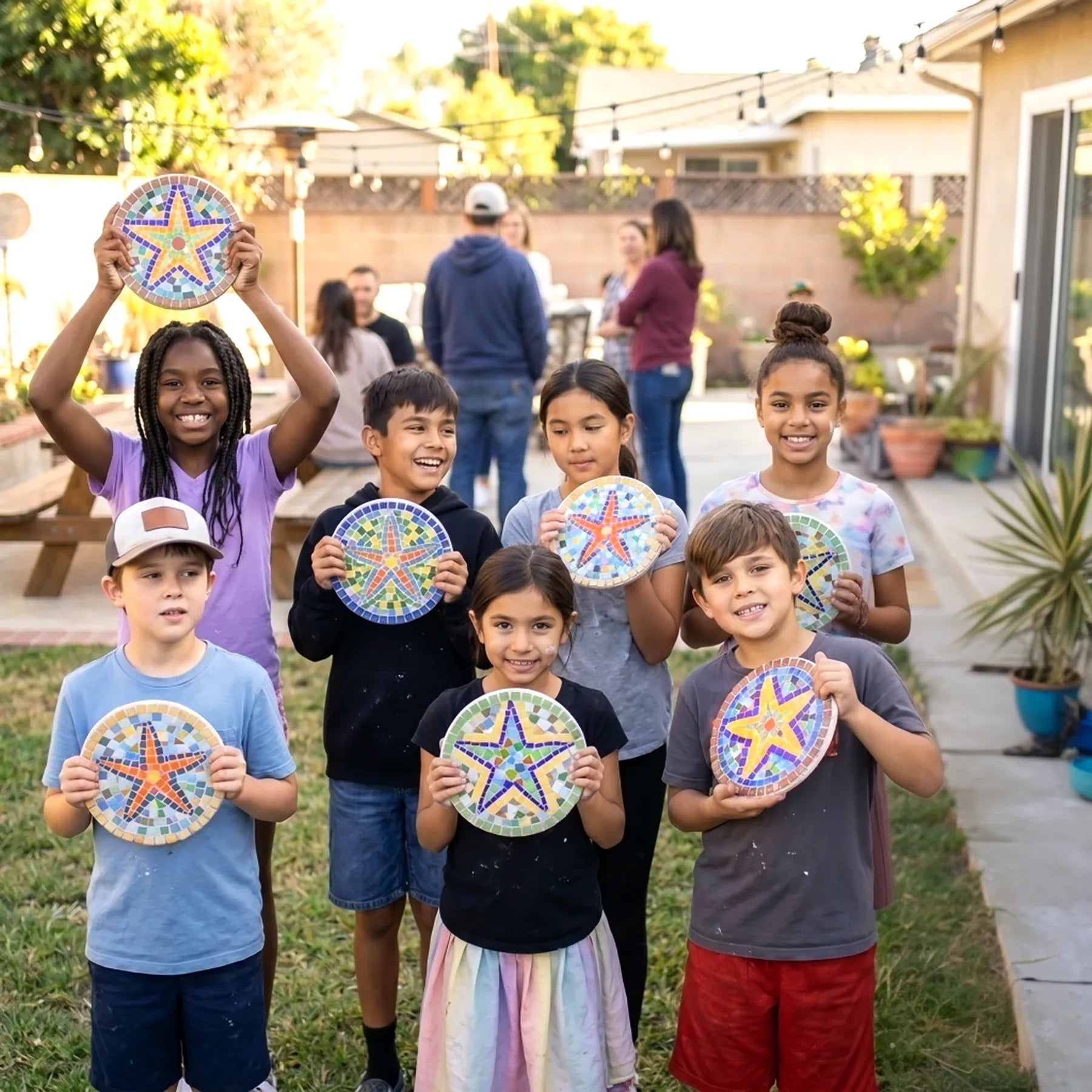 Group of kids showing colorful handmade mosaic star art during an outdoor birthday craft workshop in Los Angeles with fun creative activities for children