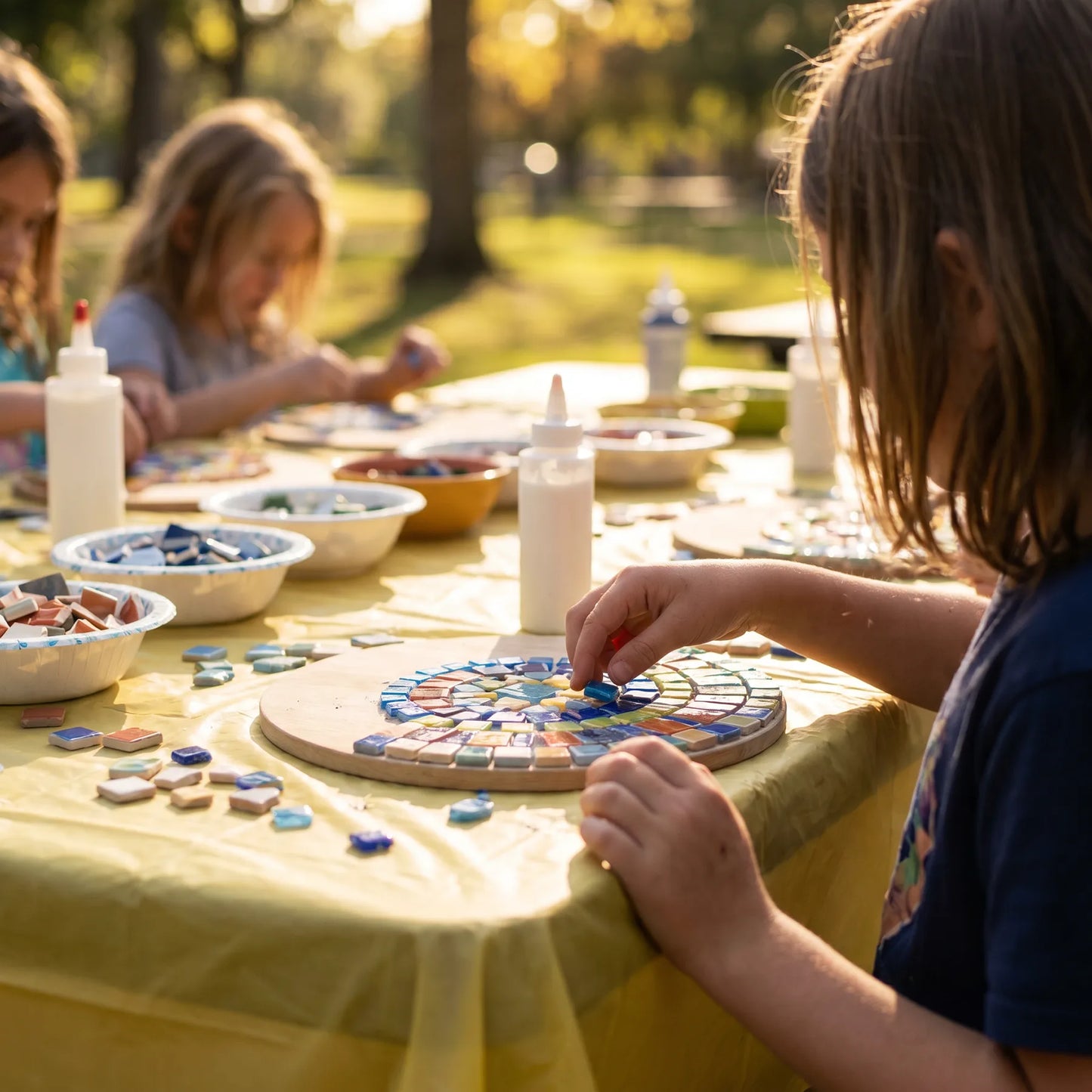 Kids creating colorful mosaic art outdoors during a creative hands-on craft workshop in Los Angeles with fun birthday party activities