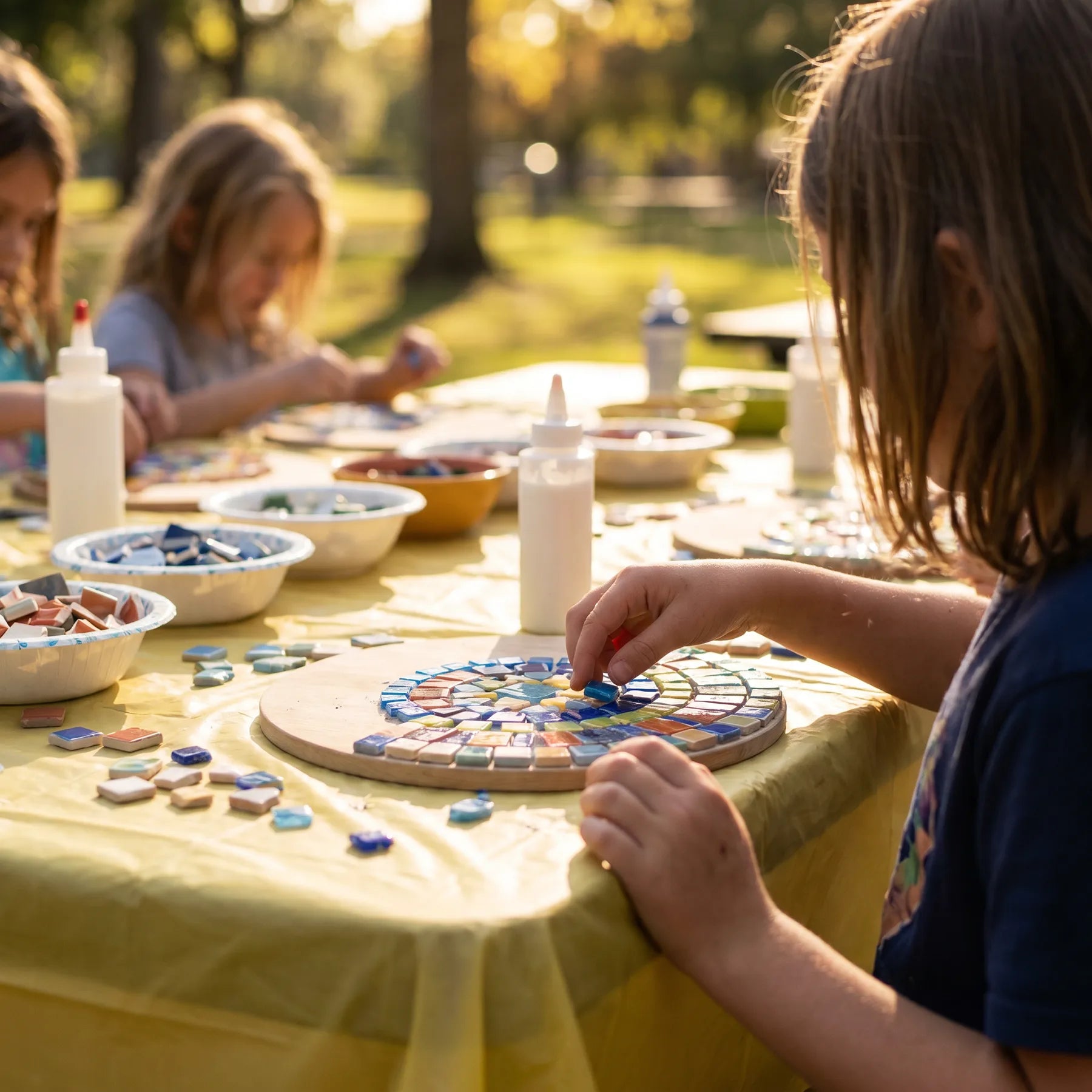 Kids creating colorful mosaic art outdoors during a creative hands-on craft workshop in Los Angeles with fun birthday party activities