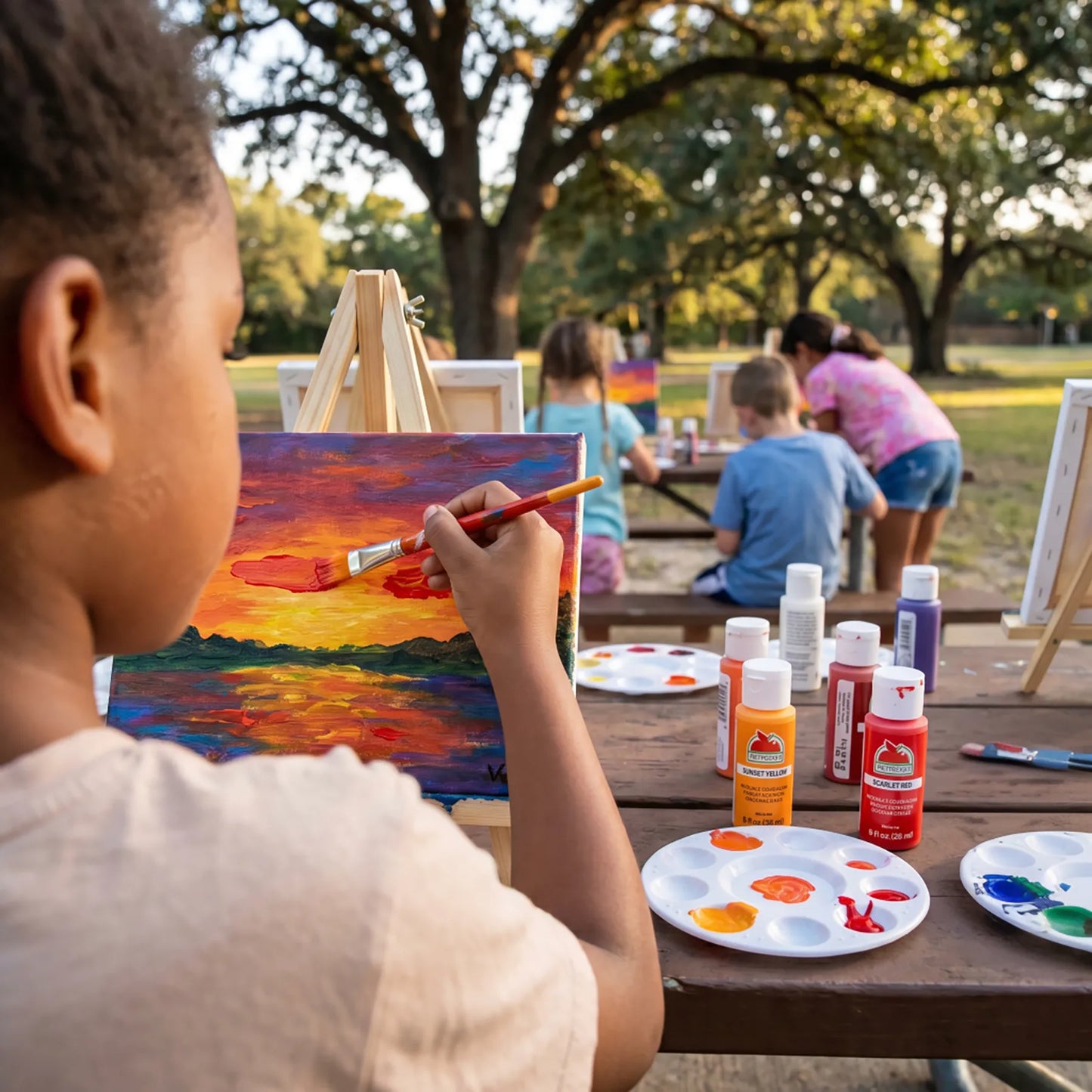 Child painting a sunset canvas at an outdoor kids art party in Los Angeles during a guided mobile painting workshop