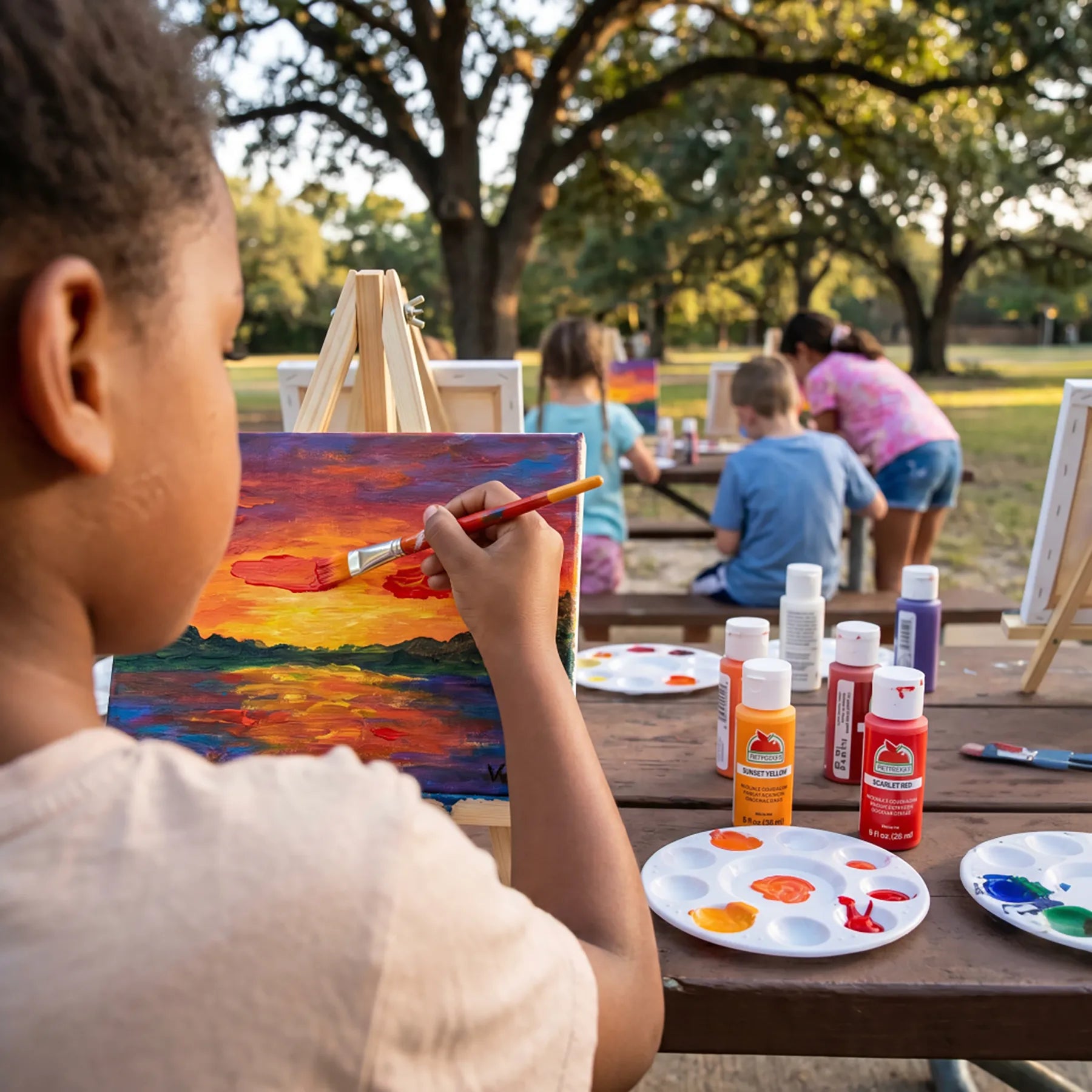 Child painting a sunset canvas at an outdoor kids art party in Los Angeles during a guided mobile painting workshop