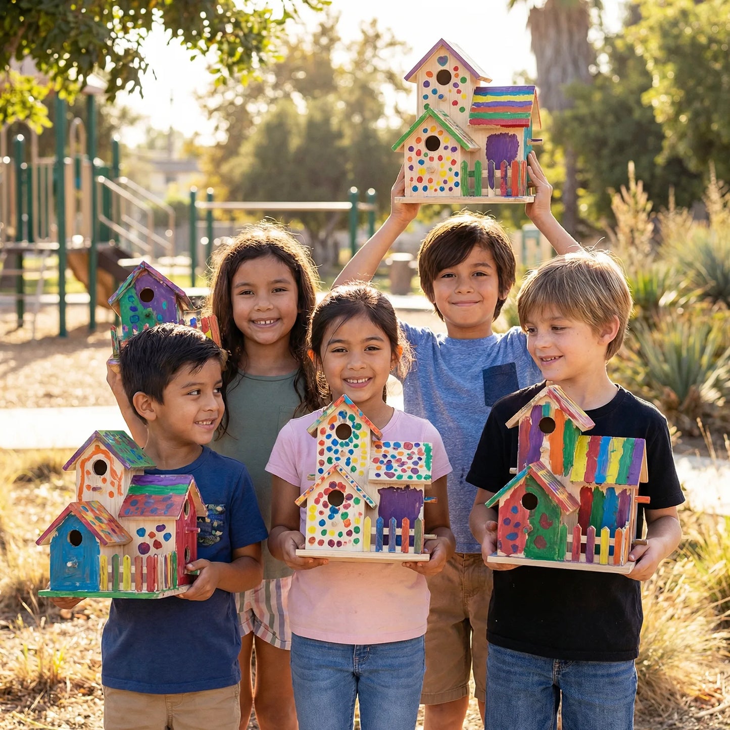 Group of children holding colorful painted wooden houses during an outdoor kids art workshop in Los Angeles. Creative DIY birthday party craft activity for children.