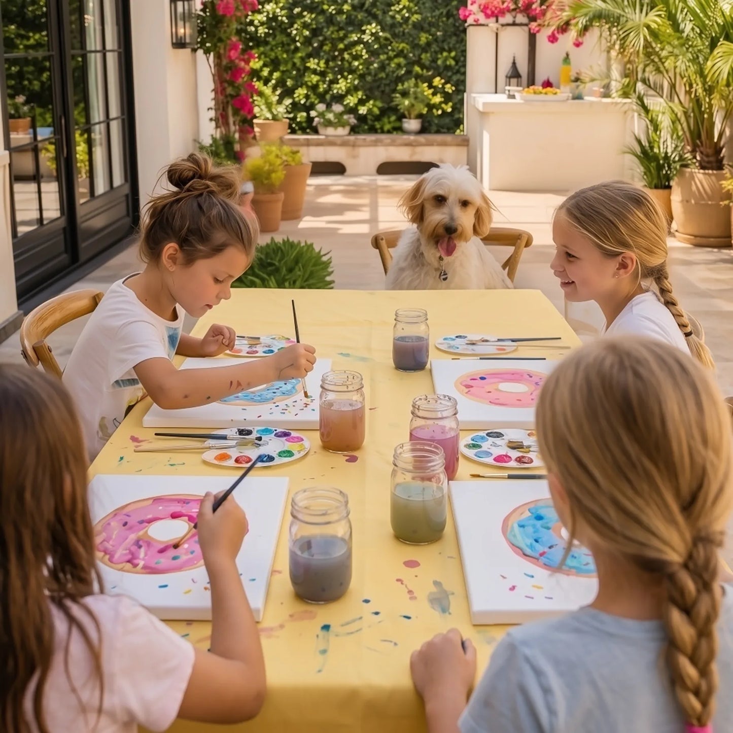 Kids painting colorful donut art during an outdoor birthday painting workshop in Los Angeles