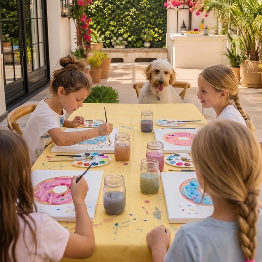 Kids painting colorful donut art during an outdoor birthday painting workshop in Los Angeles
