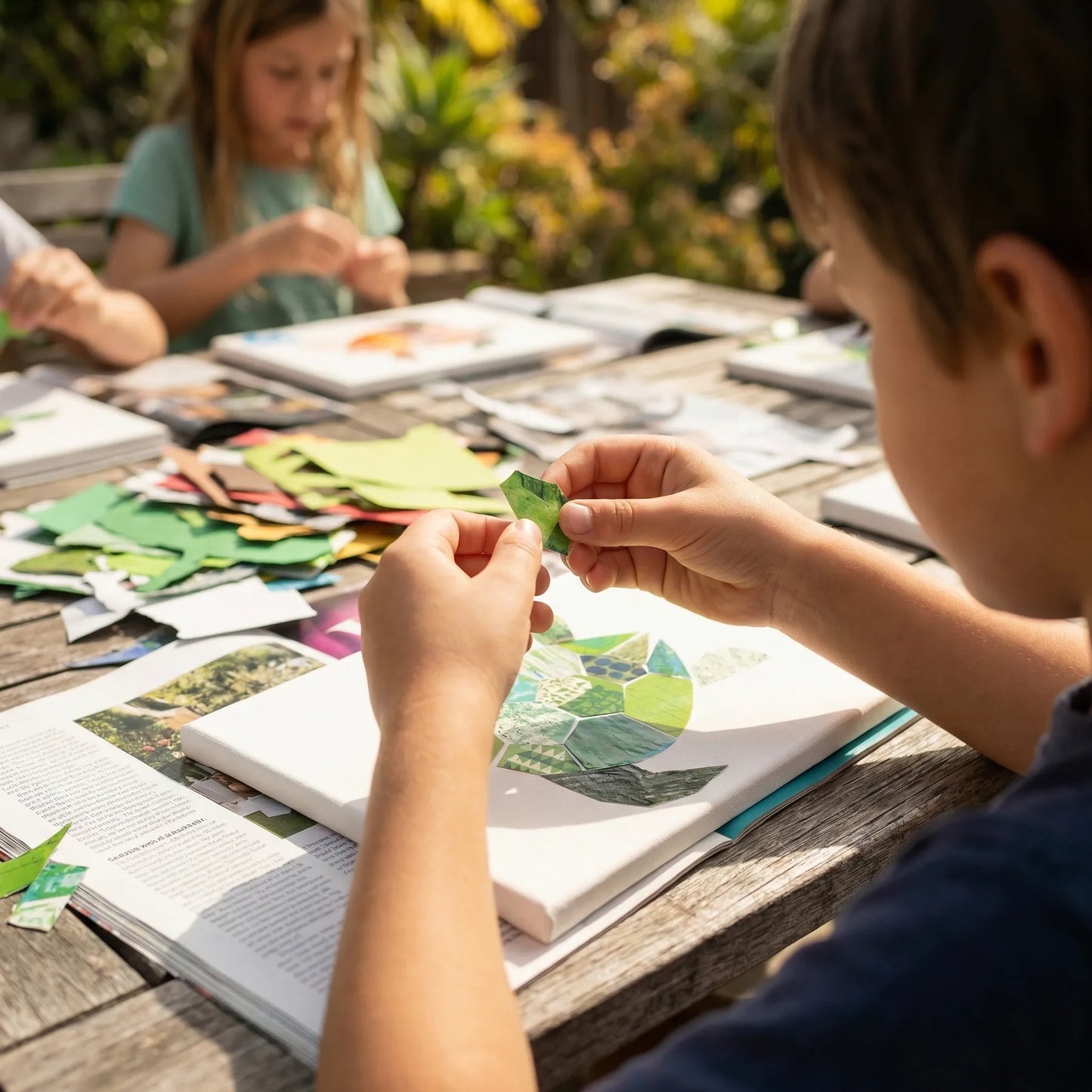 Children working on a colorful paper collage artwork with nature-themed materials outdoors. 