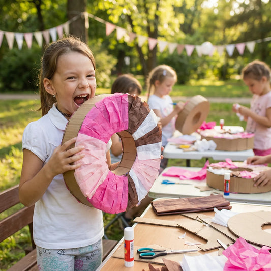 Girl holding a handmade piñata craft during an outdoor kids birthday art party in Los Angeles