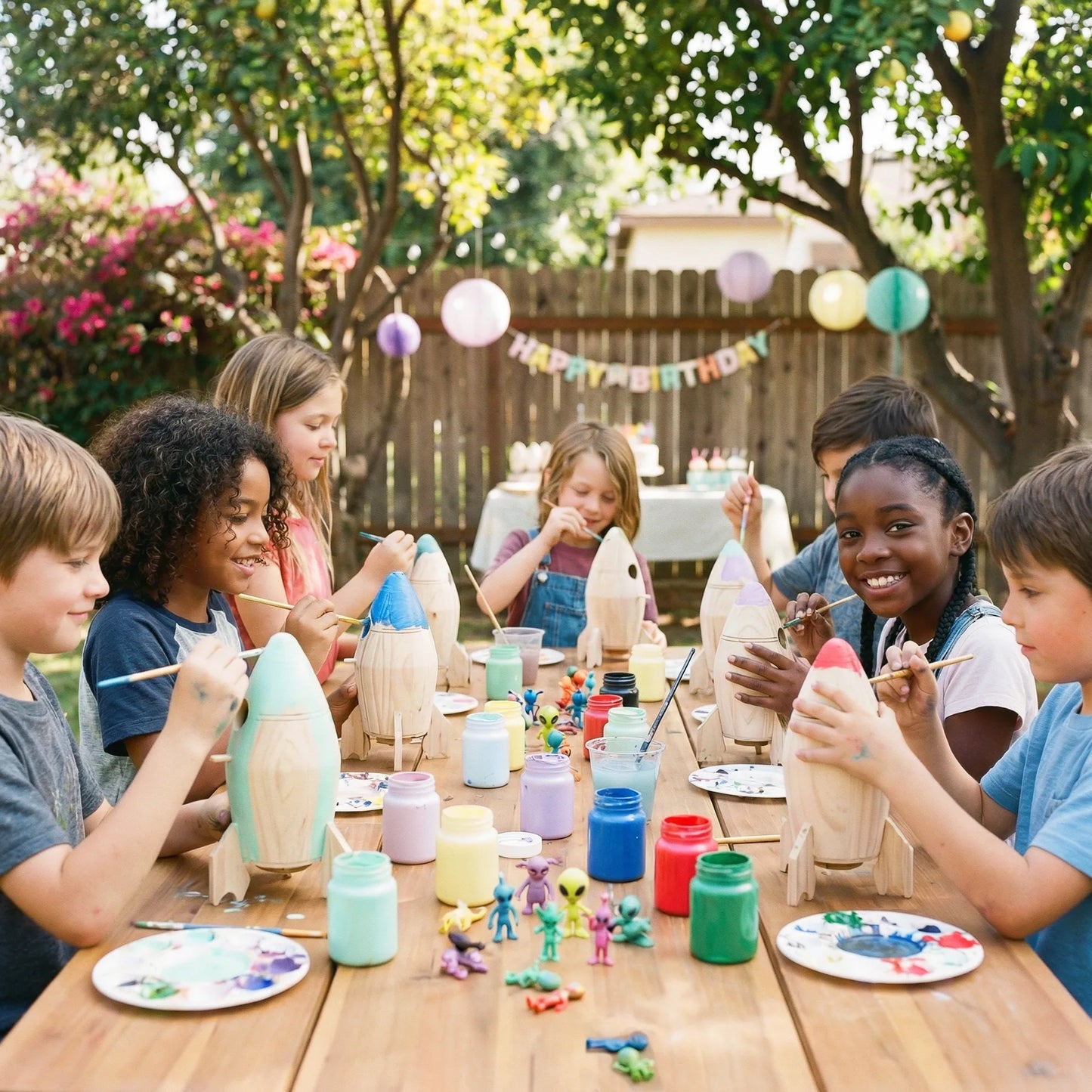 Children painting wooden sculptures an outdoor kids art workshop in Los Angeles. kids party ideas LA