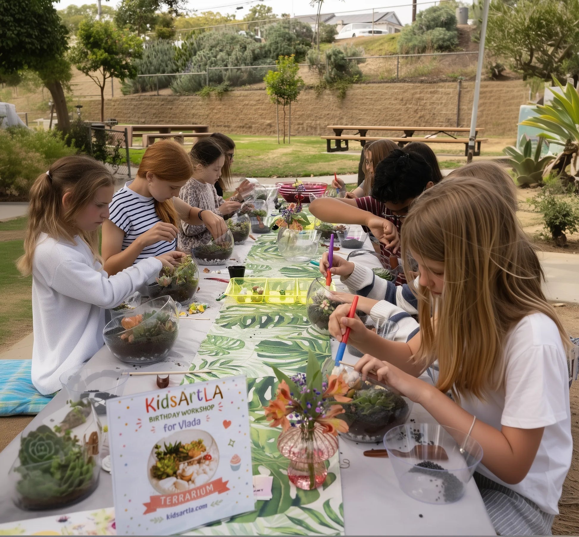 Children building terrariums with succulents during a hands-on gardening workshop at an outdoor party.