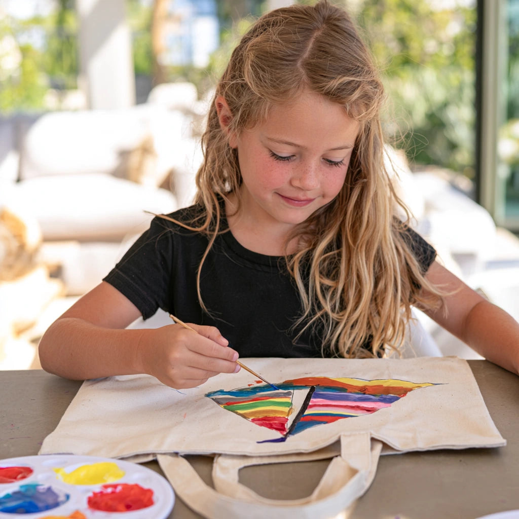 girl painting  tote bags at a mobile birthday party art workshop in Los Angeles.