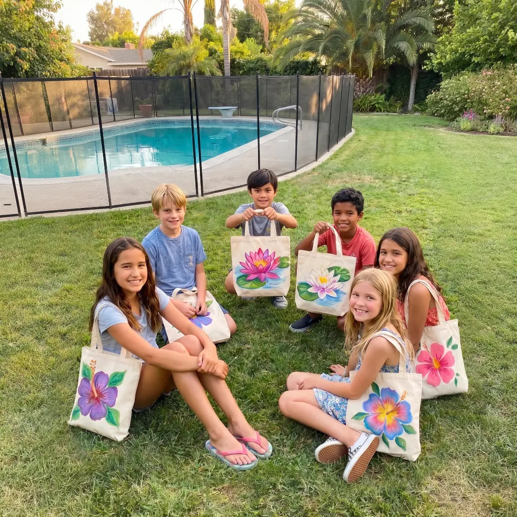 Finished hand-painted canvas tote bag created during a KidsArtLA workshop