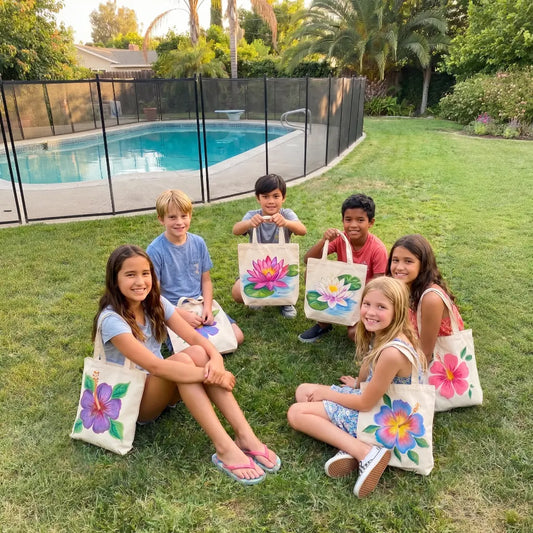 Finished hand-painted canvas tote bag created during a KidsArtLA workshop