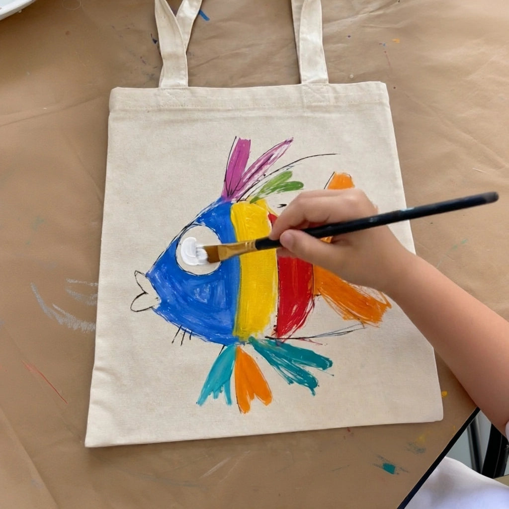 fish painting canvas tote bags at the birthday party art workshop in Los Angeles.