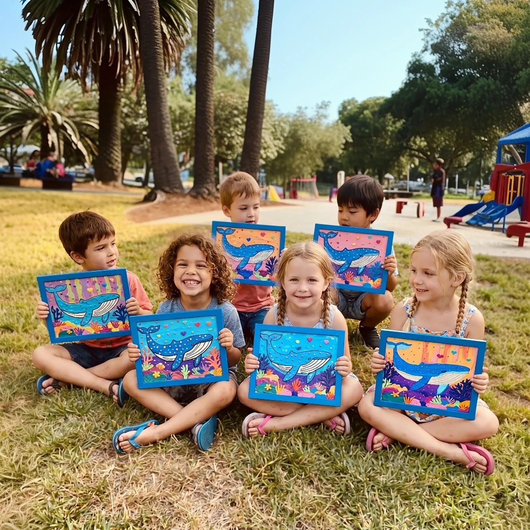 Kids showing colorful whale clay art during a mobile kids art party at the park, a creative birthday party idea for children in Los Angeles.
