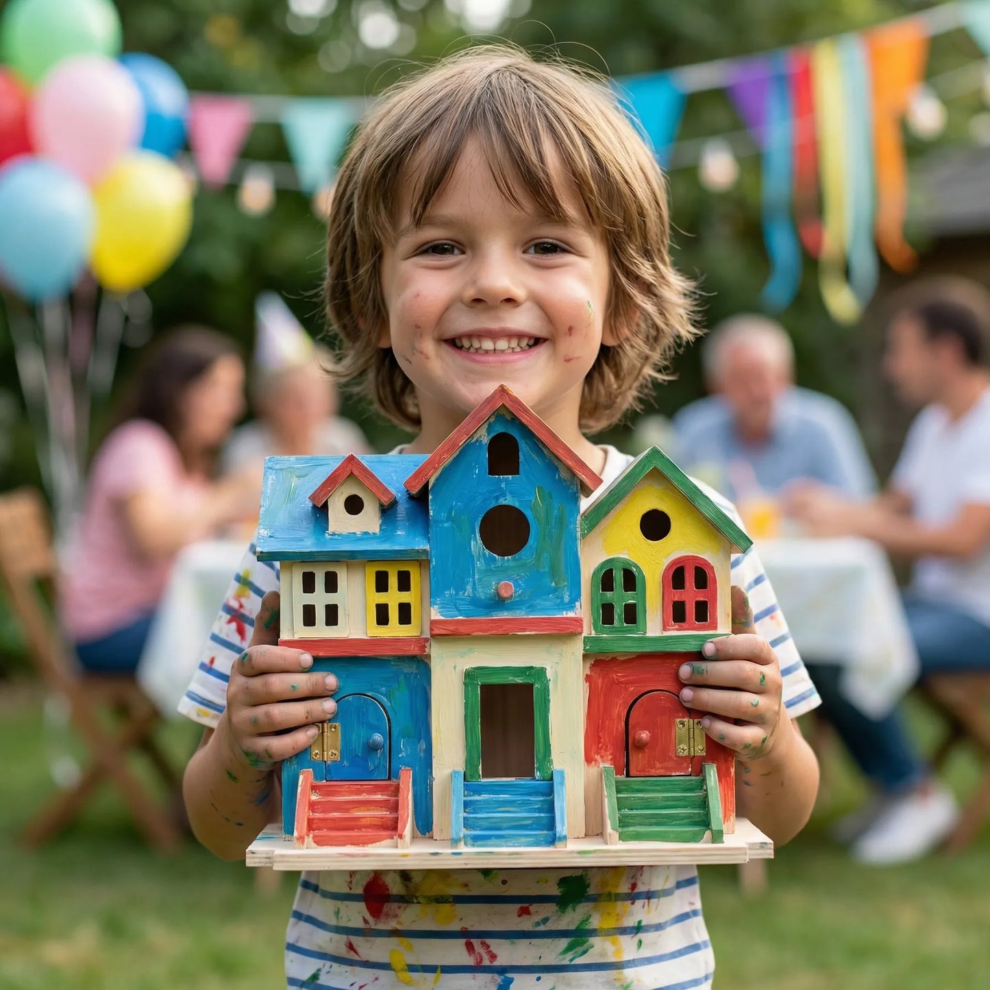 Child holding a colorful toy house with a garden party in the background. Creative birthday party art activity for kids